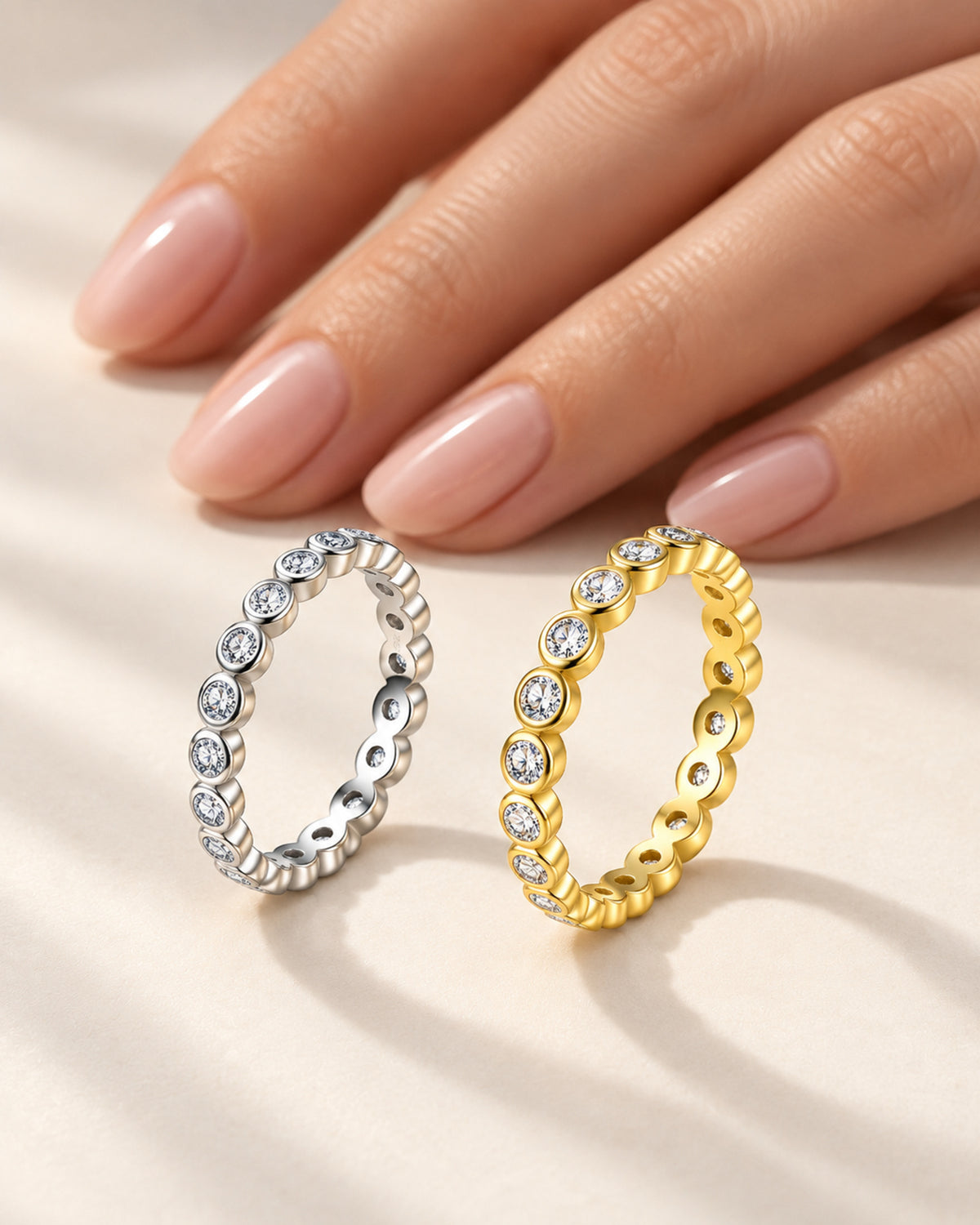 Bezel-set moissanite ring size and finish comparison