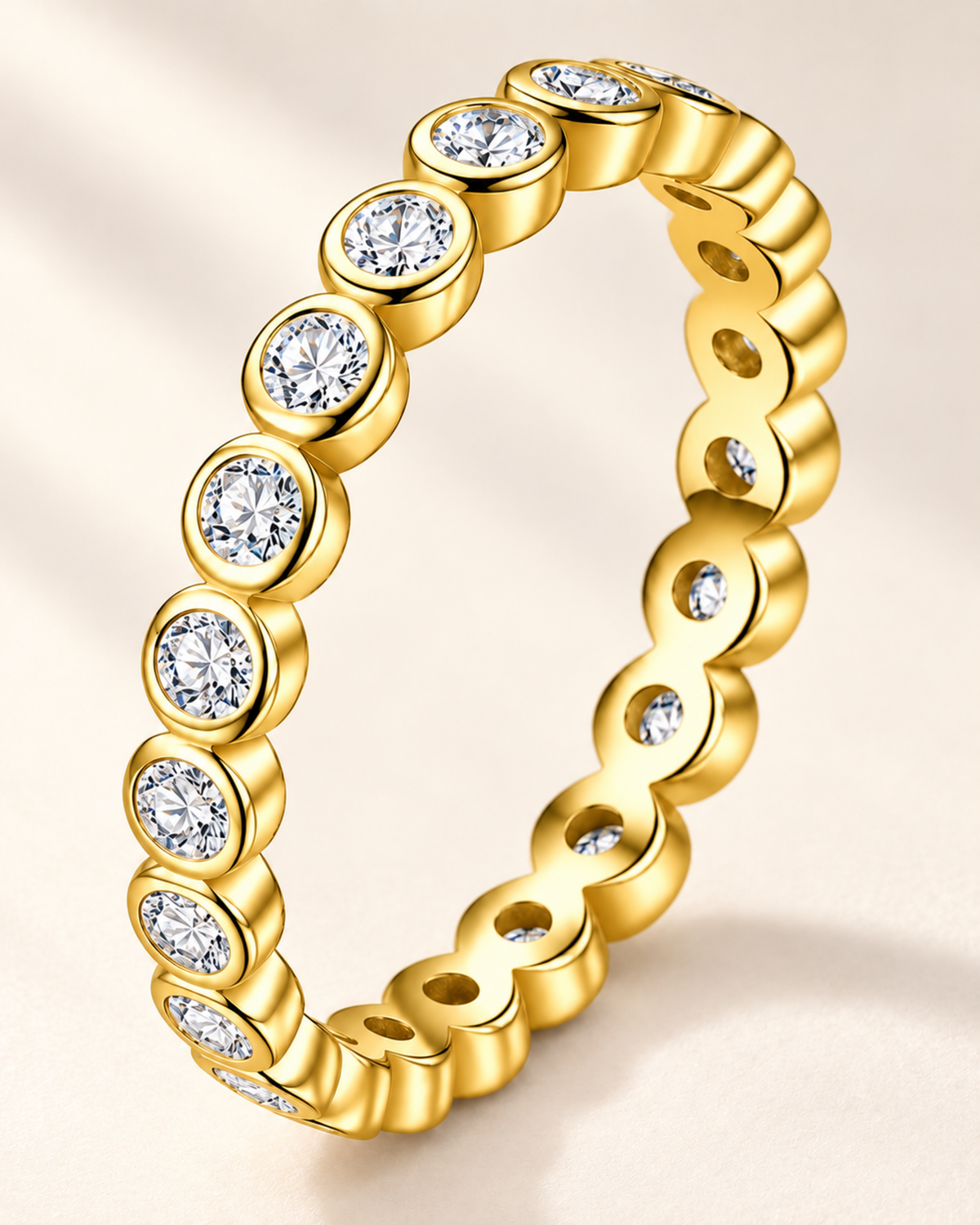 Gold-tone bezel-set round moissanite eternity ring in S925 sterling silver