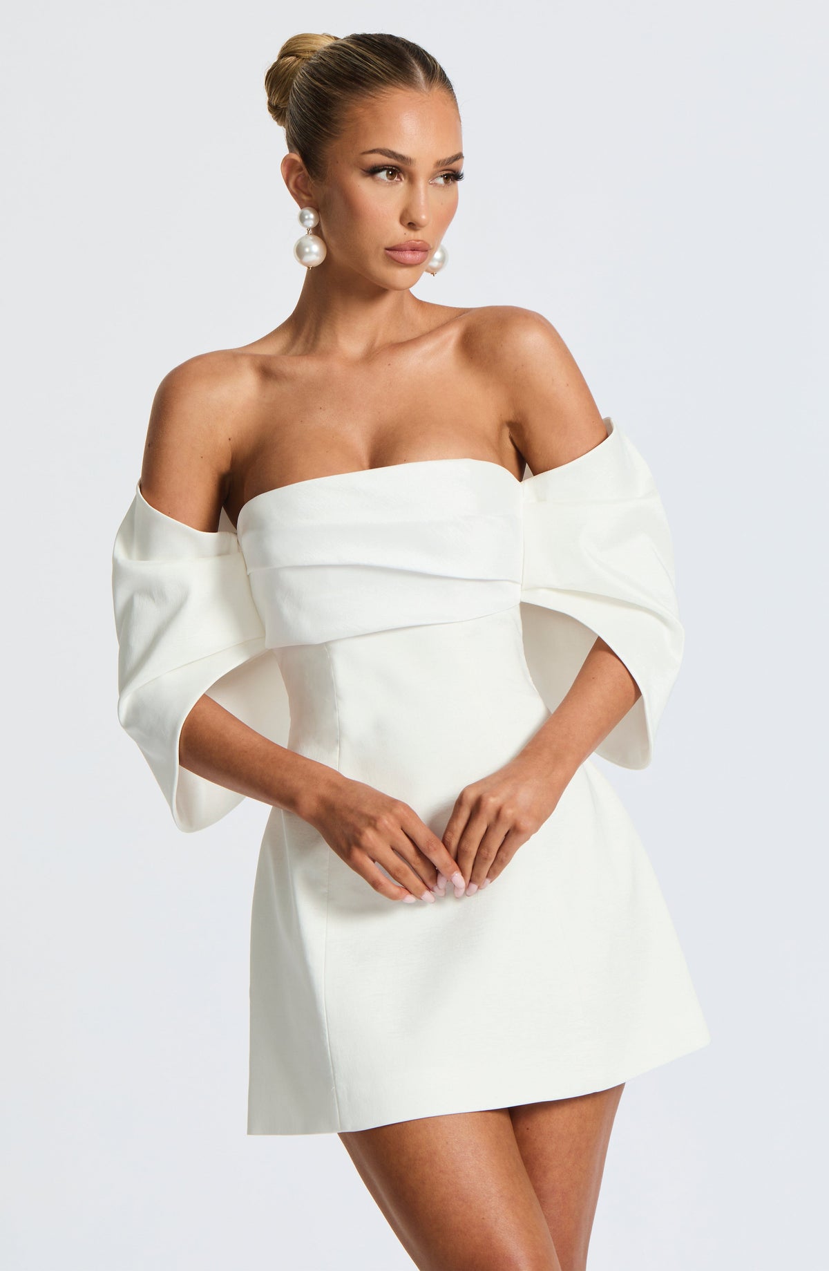 S.M Women's Dress Bardot Ivory Taffeta Party