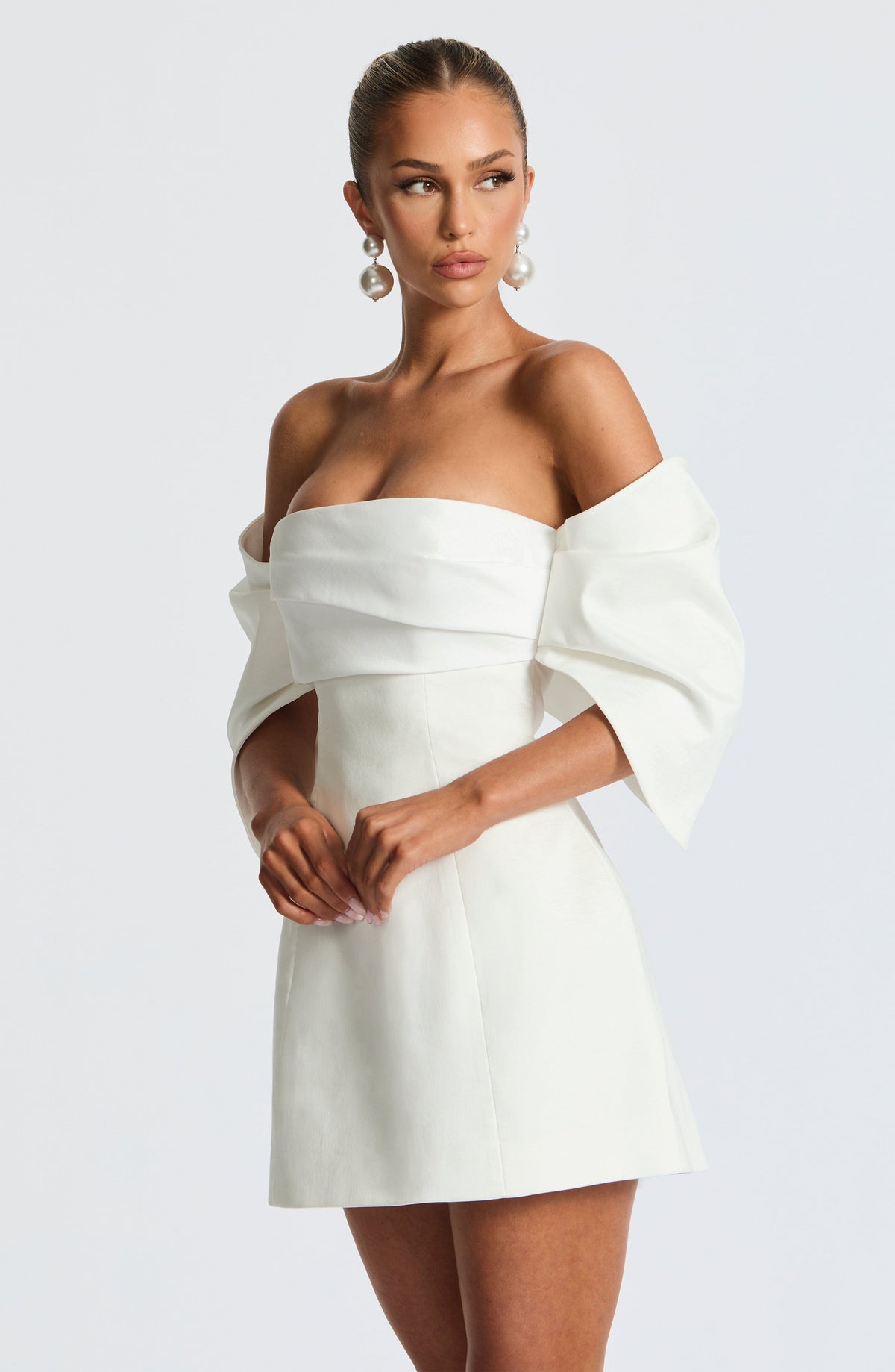 S.M Women's Dress Bardot Ivory Taffeta Party