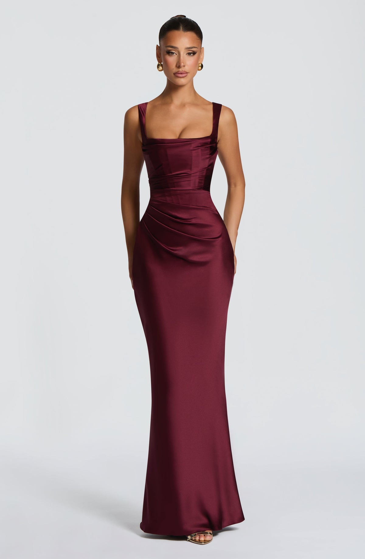 M.T Women's Dress Calanthe Corset Maxi Cherry Lacquer Satin Formal