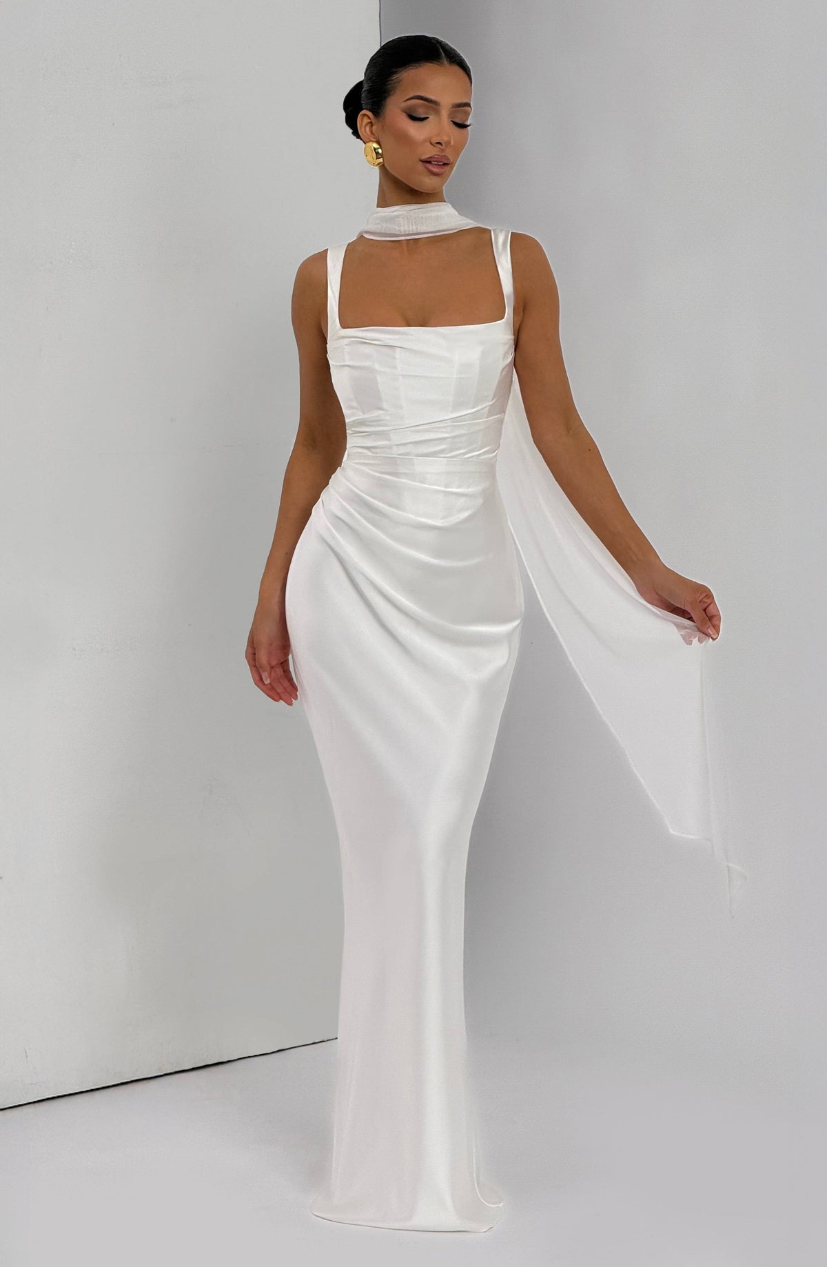 M.T Women's Dress Square Neck Ivory Satin Evening