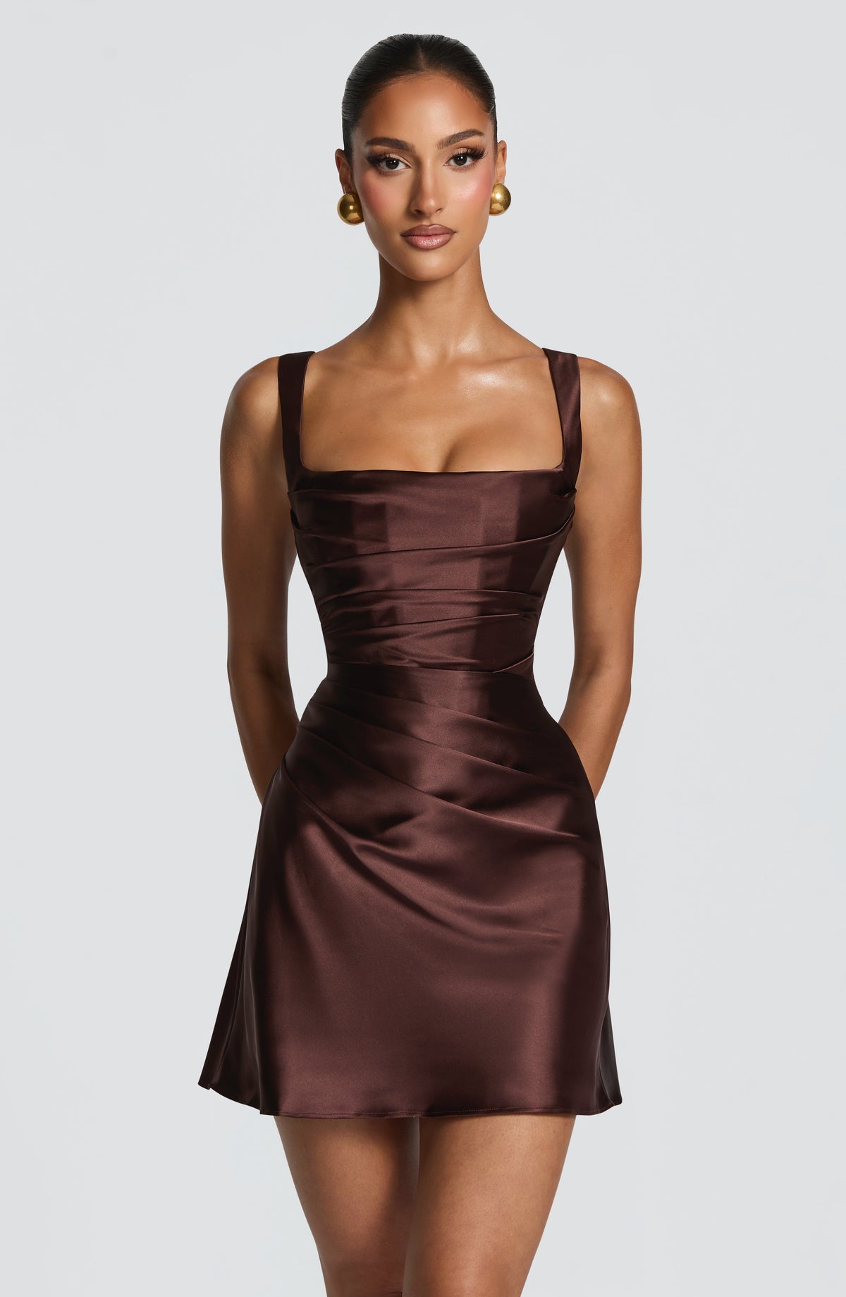 M.T Women's Dress Square Neck Plum Brown Satin Cocktail