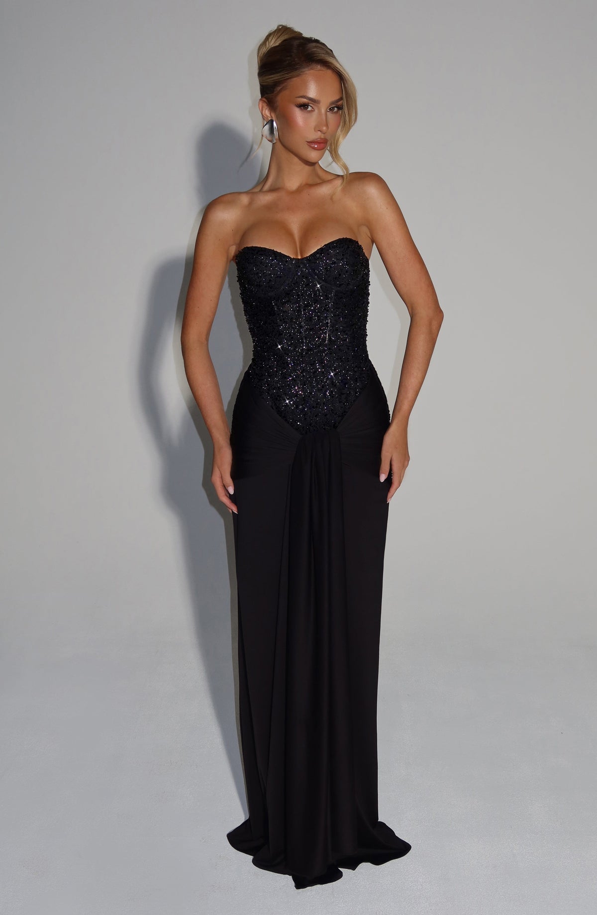 R.F Women's Dress Corset Maxi Black Embellished Mesh Evening