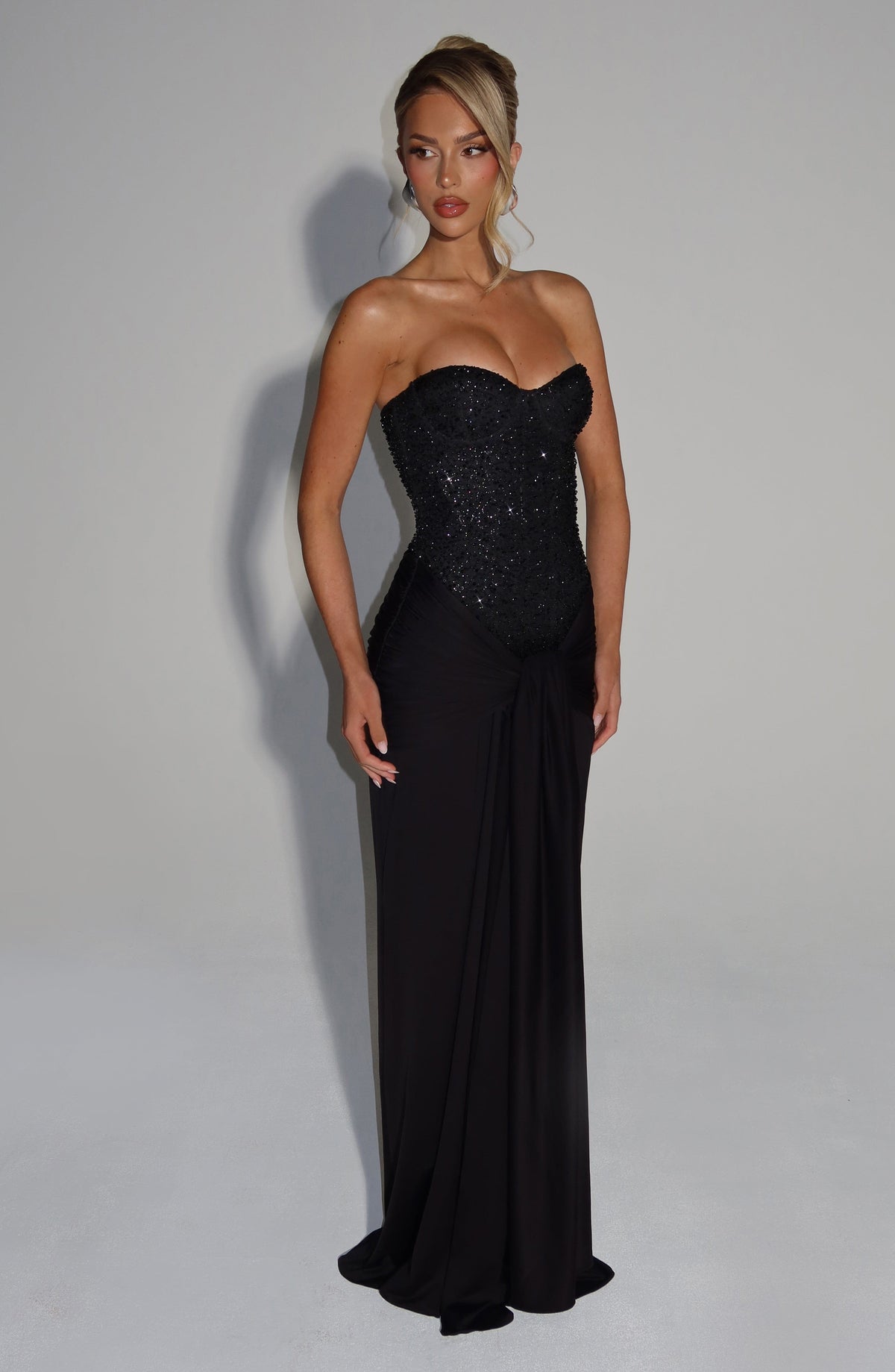 R.F Women's Dress Corset Maxi Black Embellished Mesh Evening