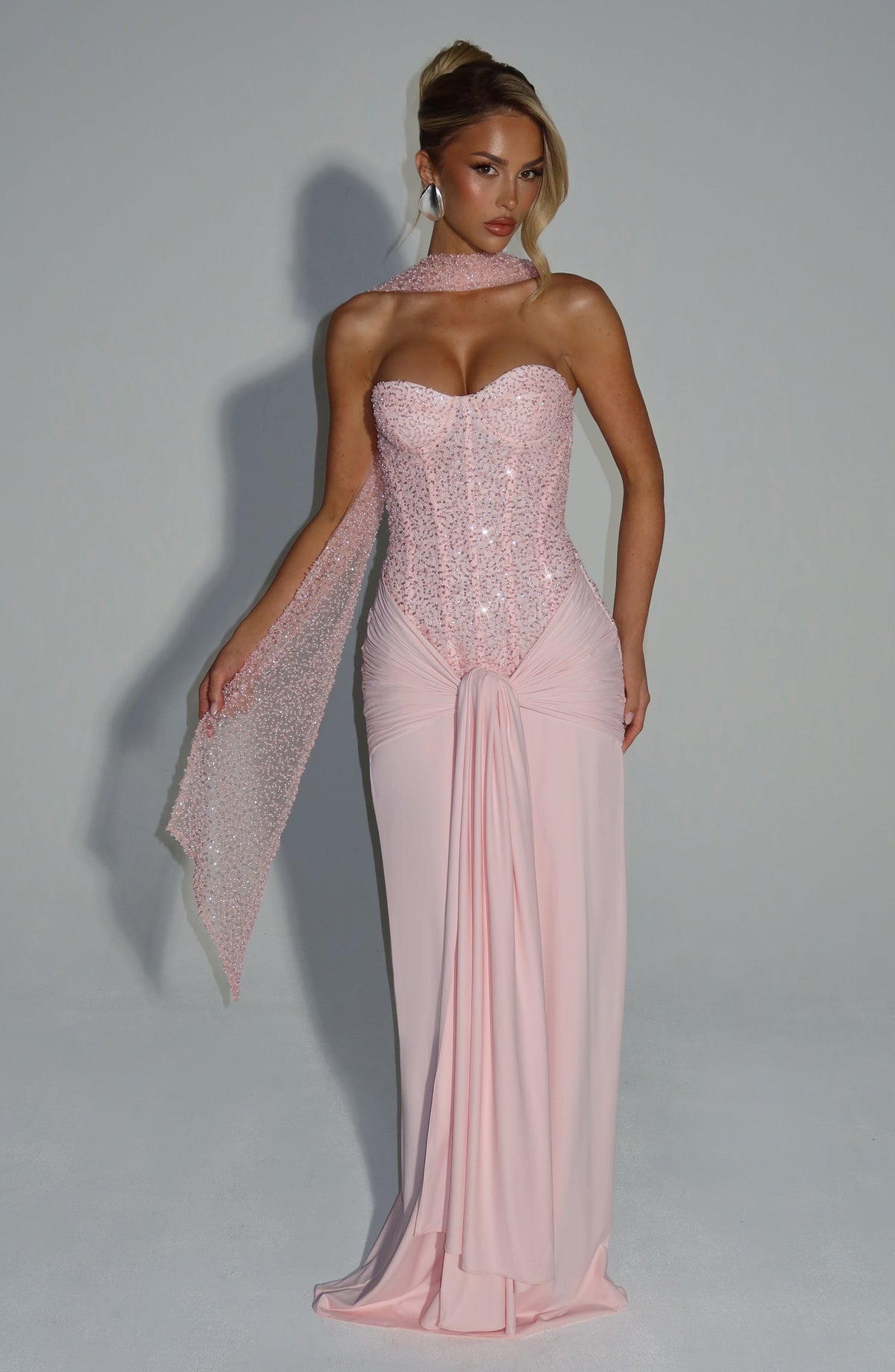 R.F Women's Dress Corset Maxi Blush Embellished Mesh Evening