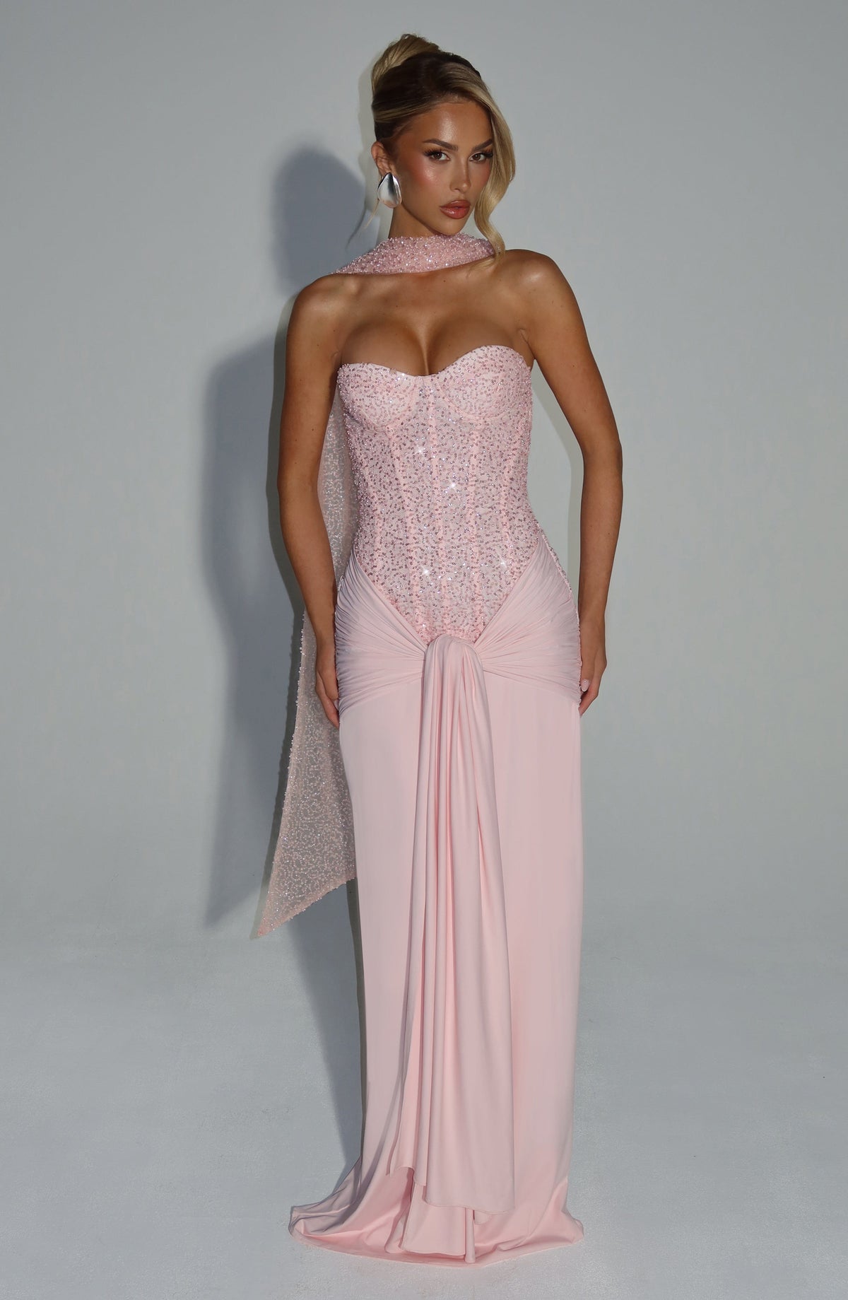 R.F Women's Dress Corset Maxi Blush Embellished Mesh Evening