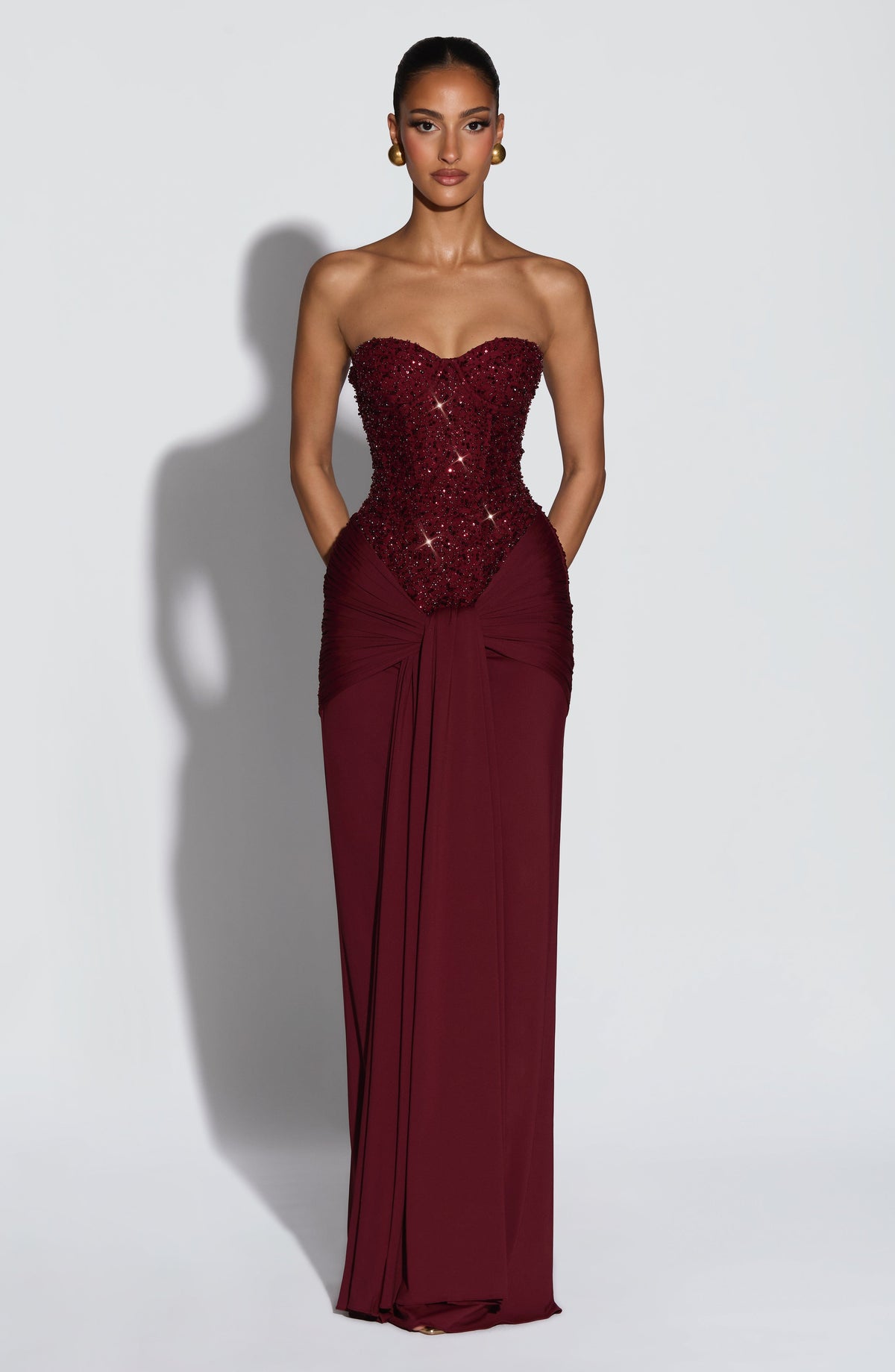 Women's Dress Maxi Strapless Burgundy Sequin Formal