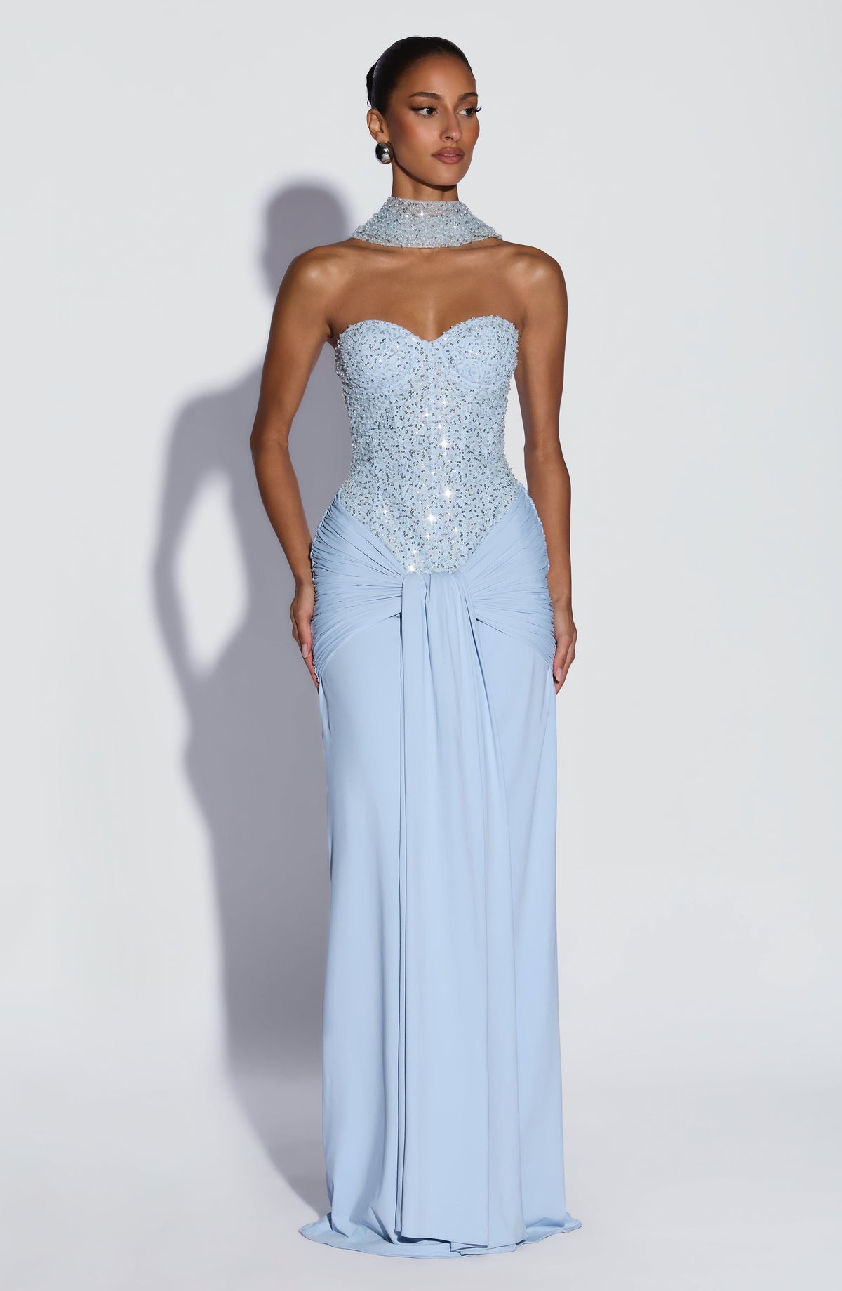 R.F Women's Dress Strapless Maxi Glacier Blue Embellished Formal