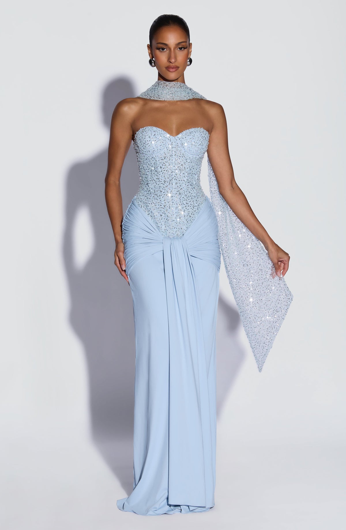 R.F Women's Dress Strapless Maxi Glacier Blue Embellished Formal