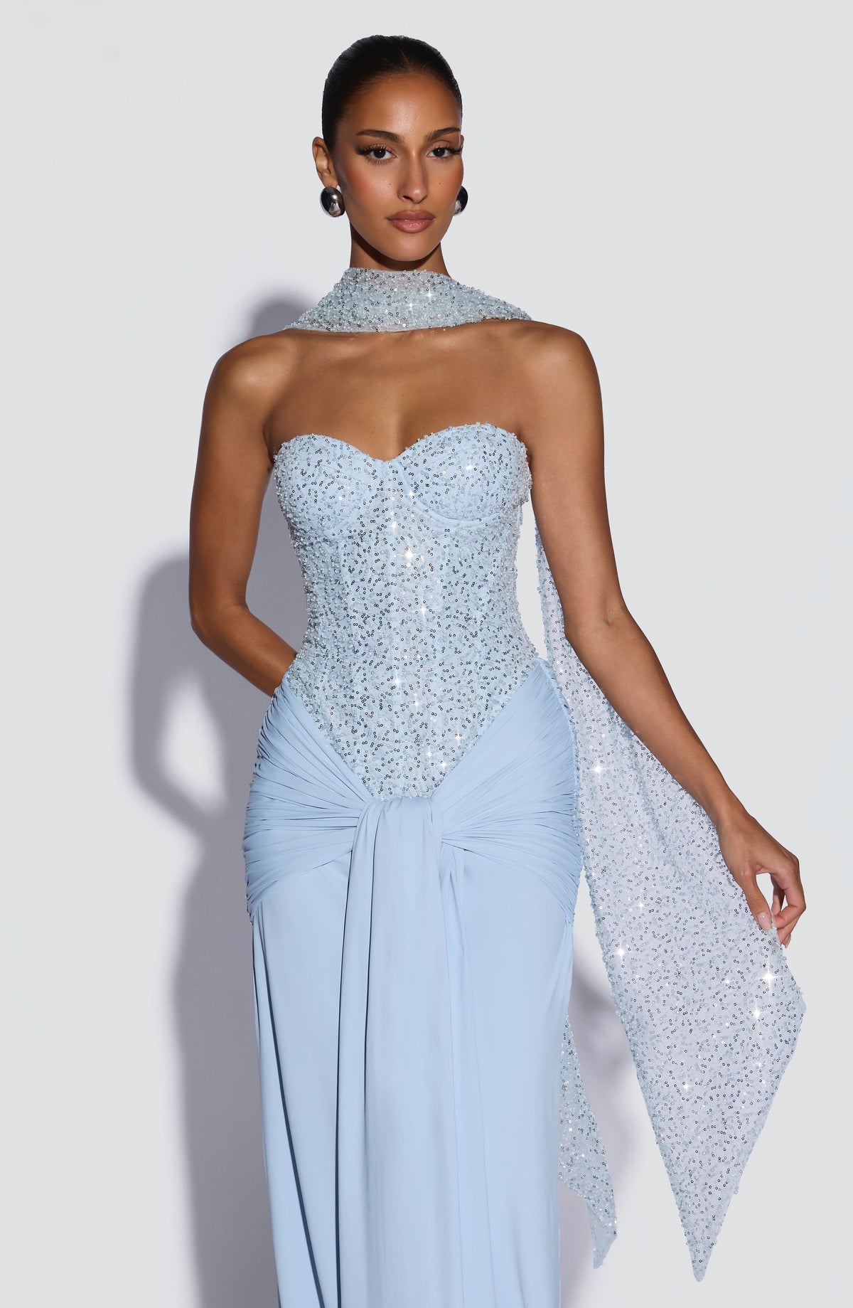 R.F Women's Dress Strapless Maxi Glacier Blue Embellished Formal