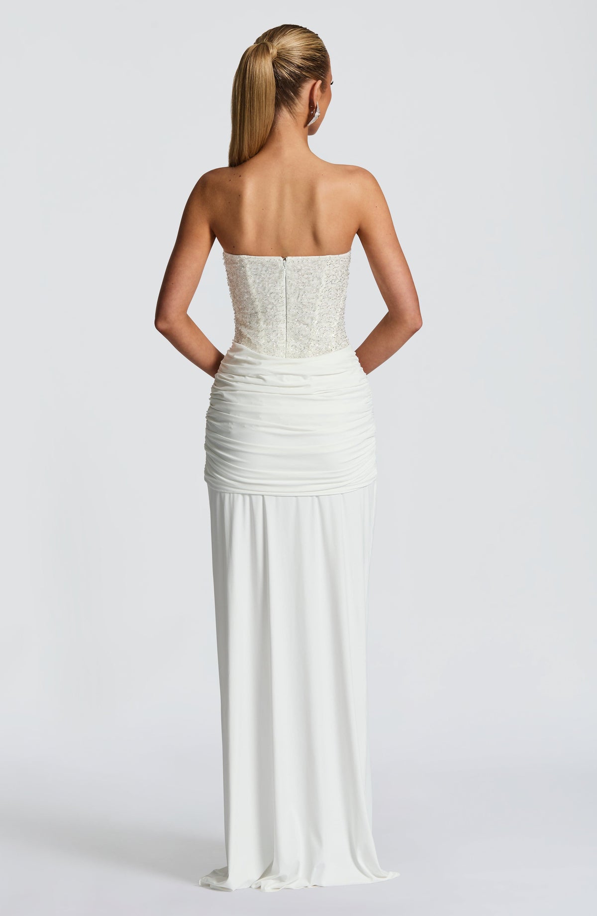 Women's Dress Carina Strapless Maxi Ivory Beaded Mesh Evening