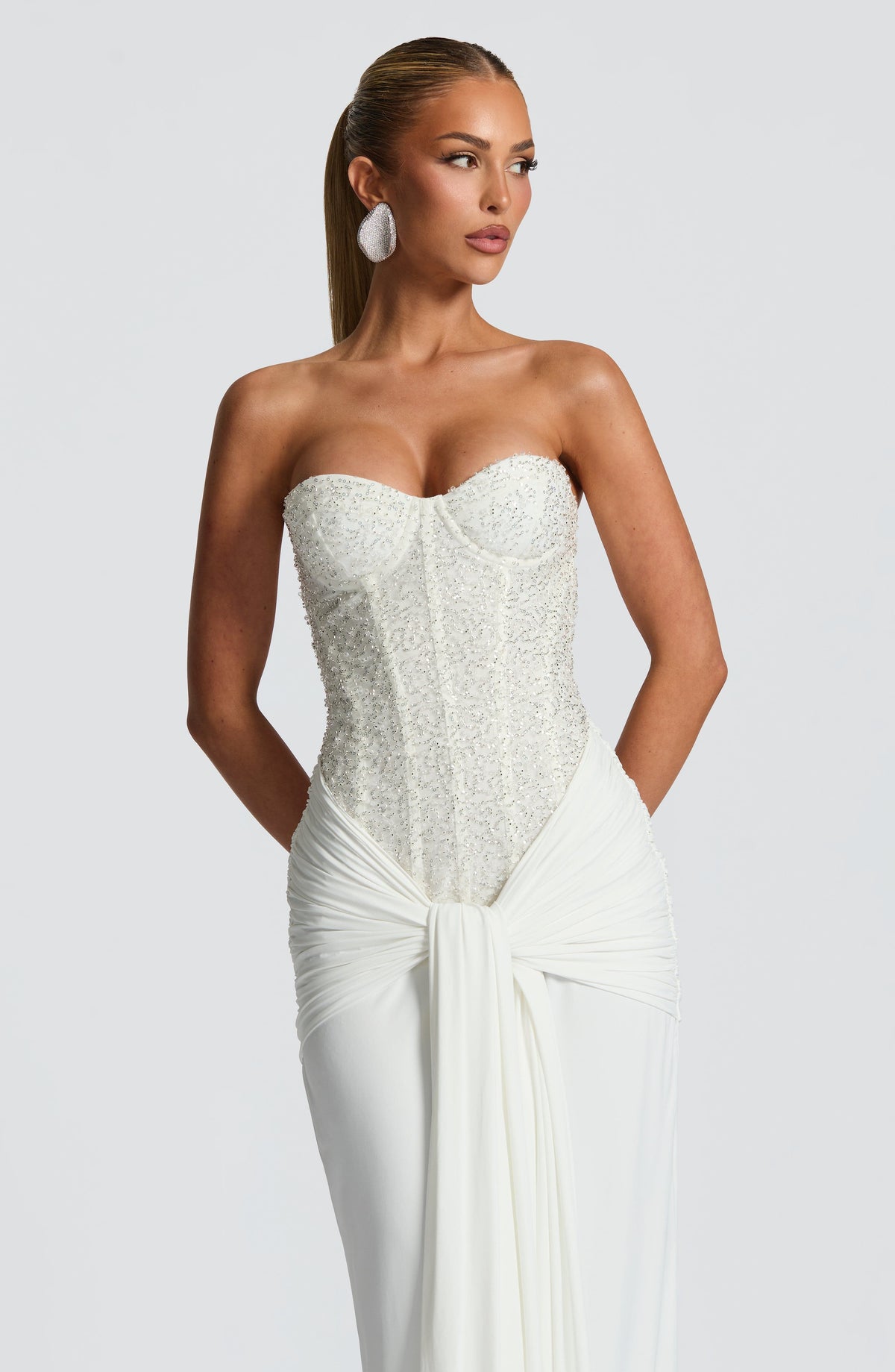 Women's Dress Carina Strapless Maxi Ivory Beaded Mesh Evening