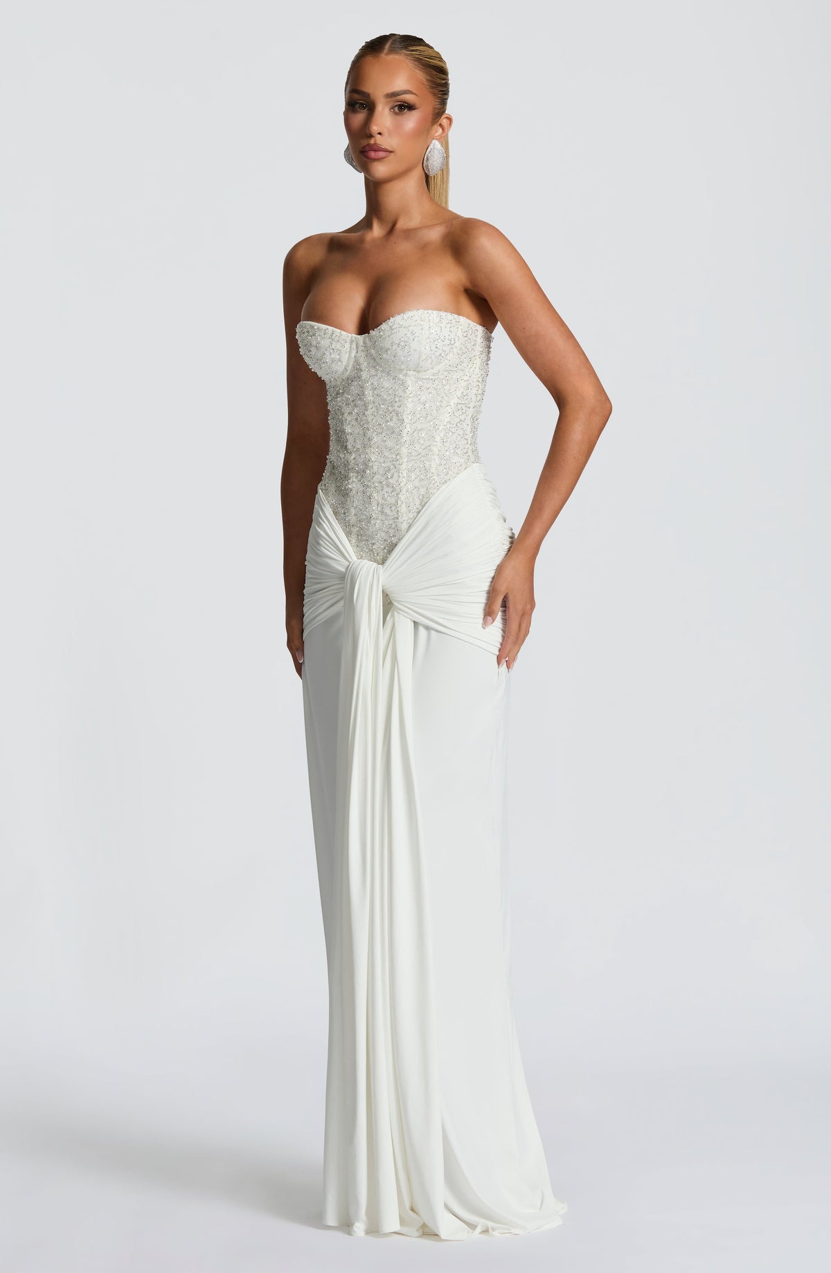 Women's Dress Carina Strapless Maxi Ivory Beaded Mesh Evening