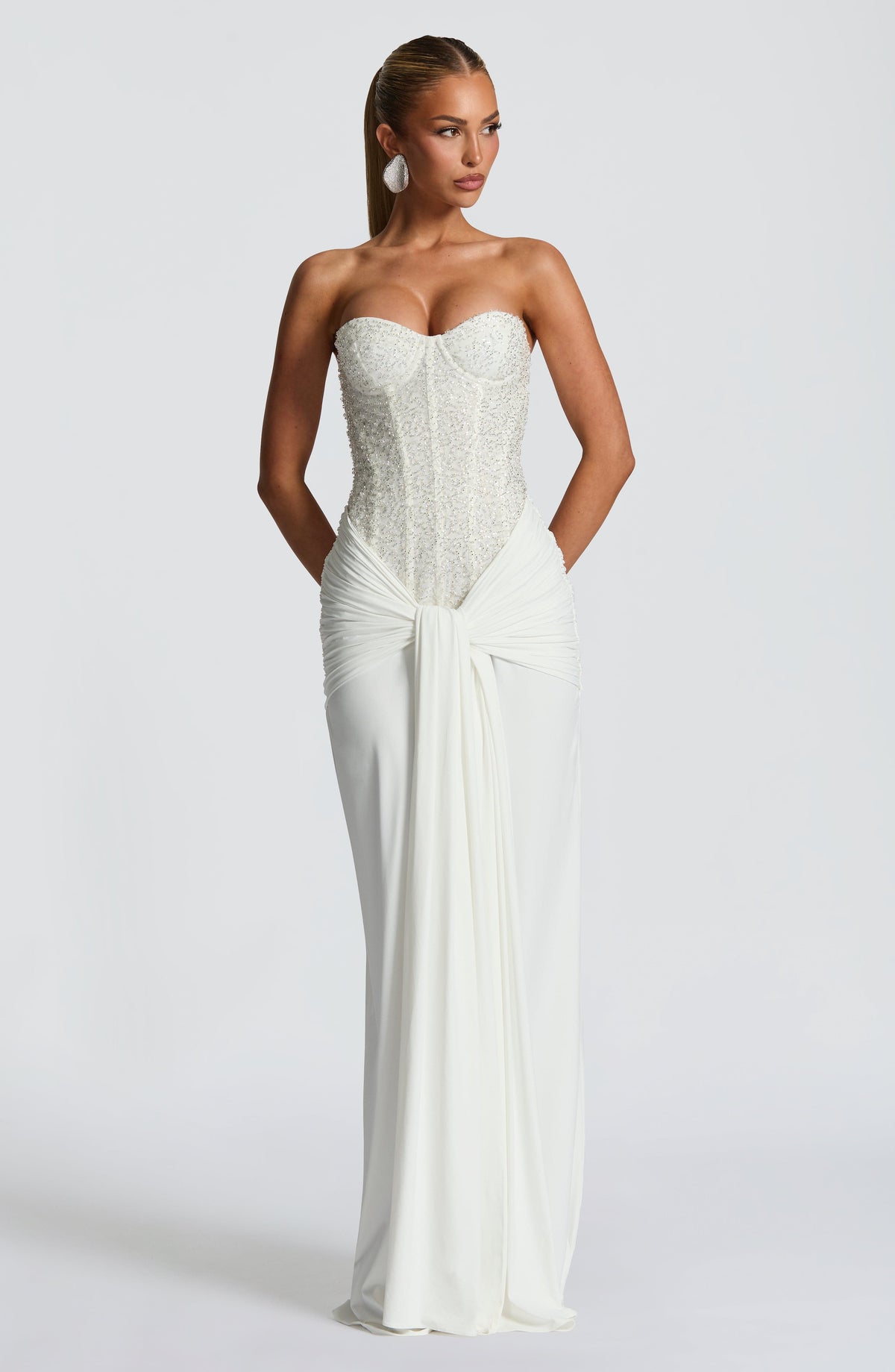 Women's Dress Carina Strapless Maxi Ivory Beaded Mesh Evening