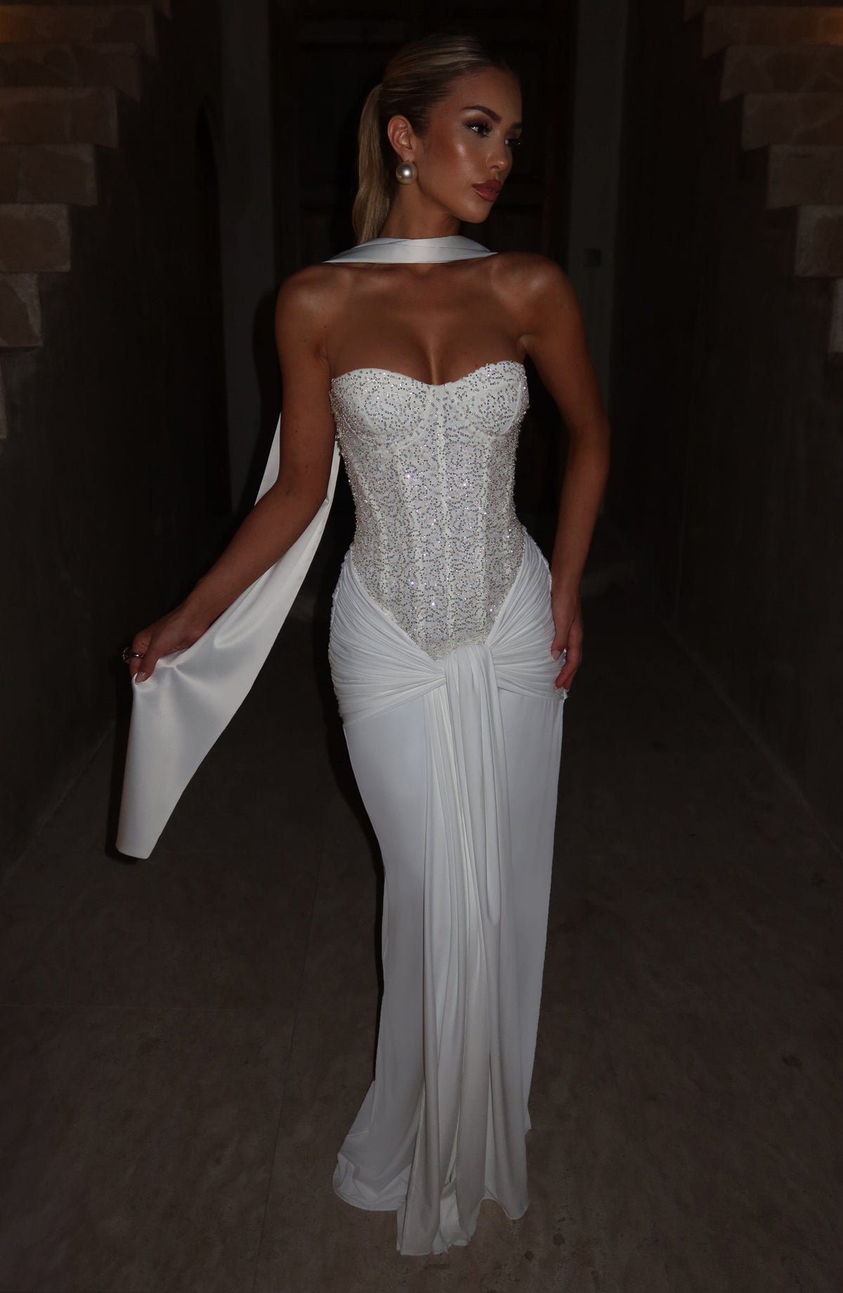 Women's Dress Carina Strapless Maxi Ivory Beaded Mesh Evening