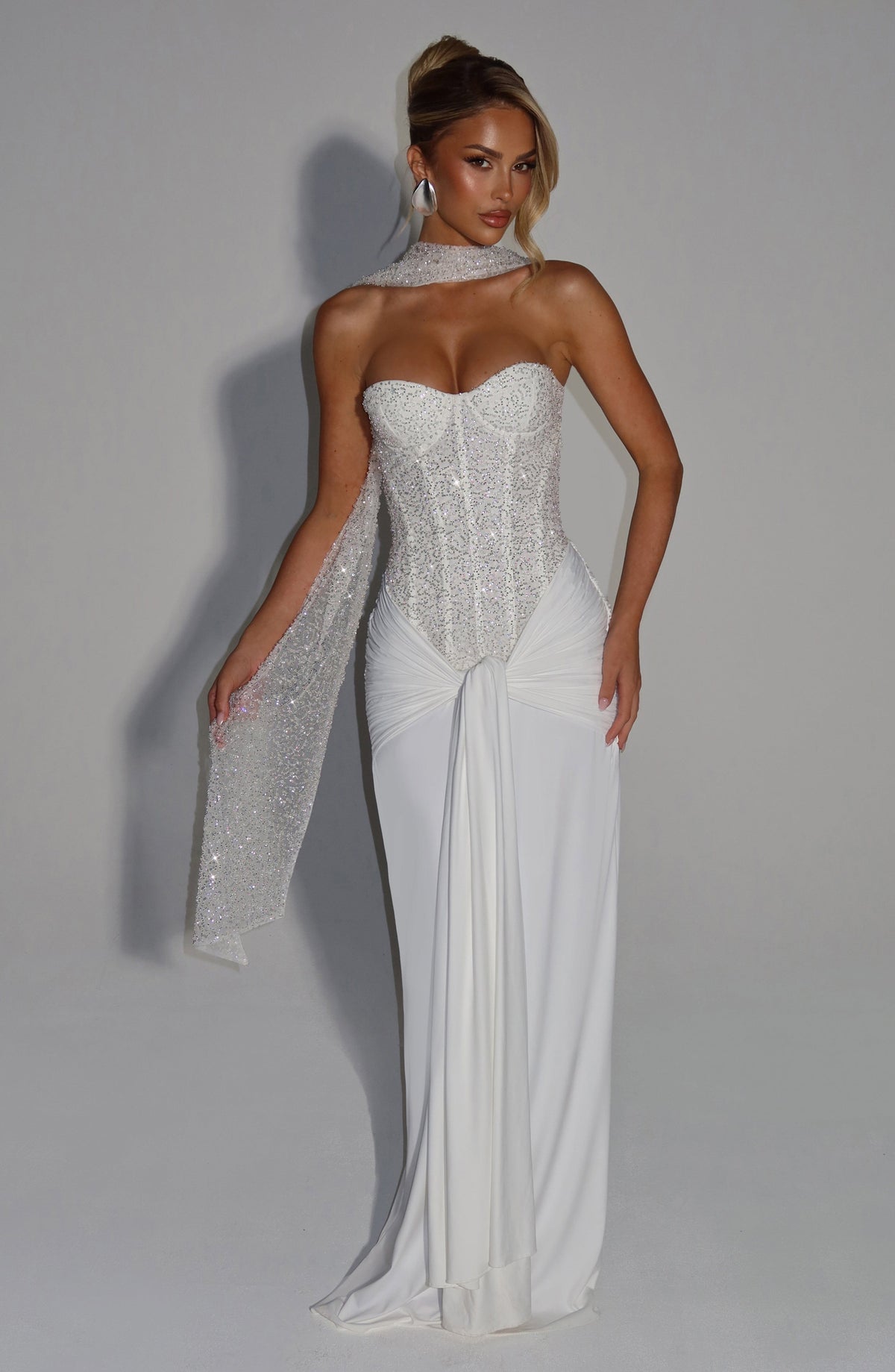 Women's Dress Carina Strapless Maxi Ivory Beaded Mesh Evening