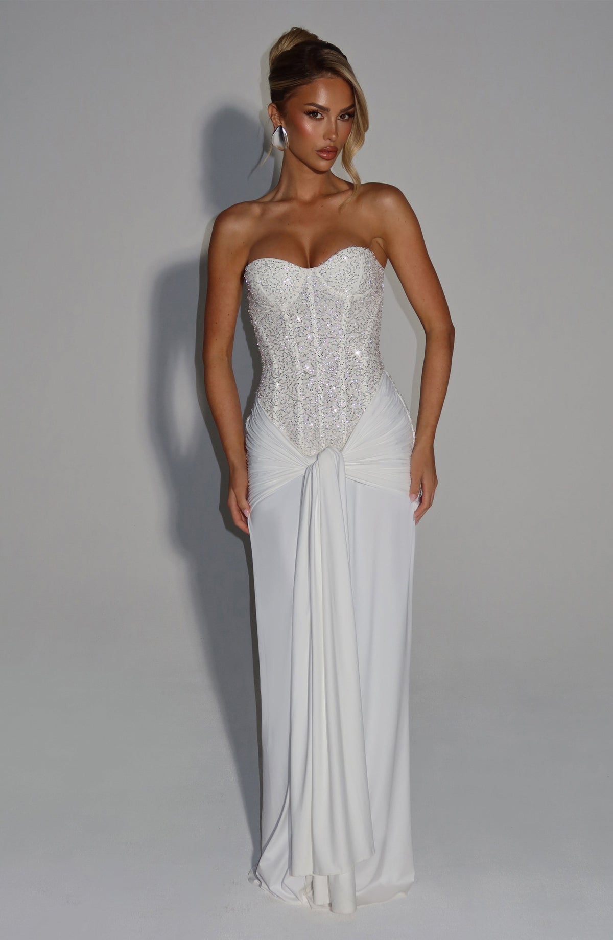 Women's Dress Carina Strapless Maxi Ivory Beaded Mesh Evening