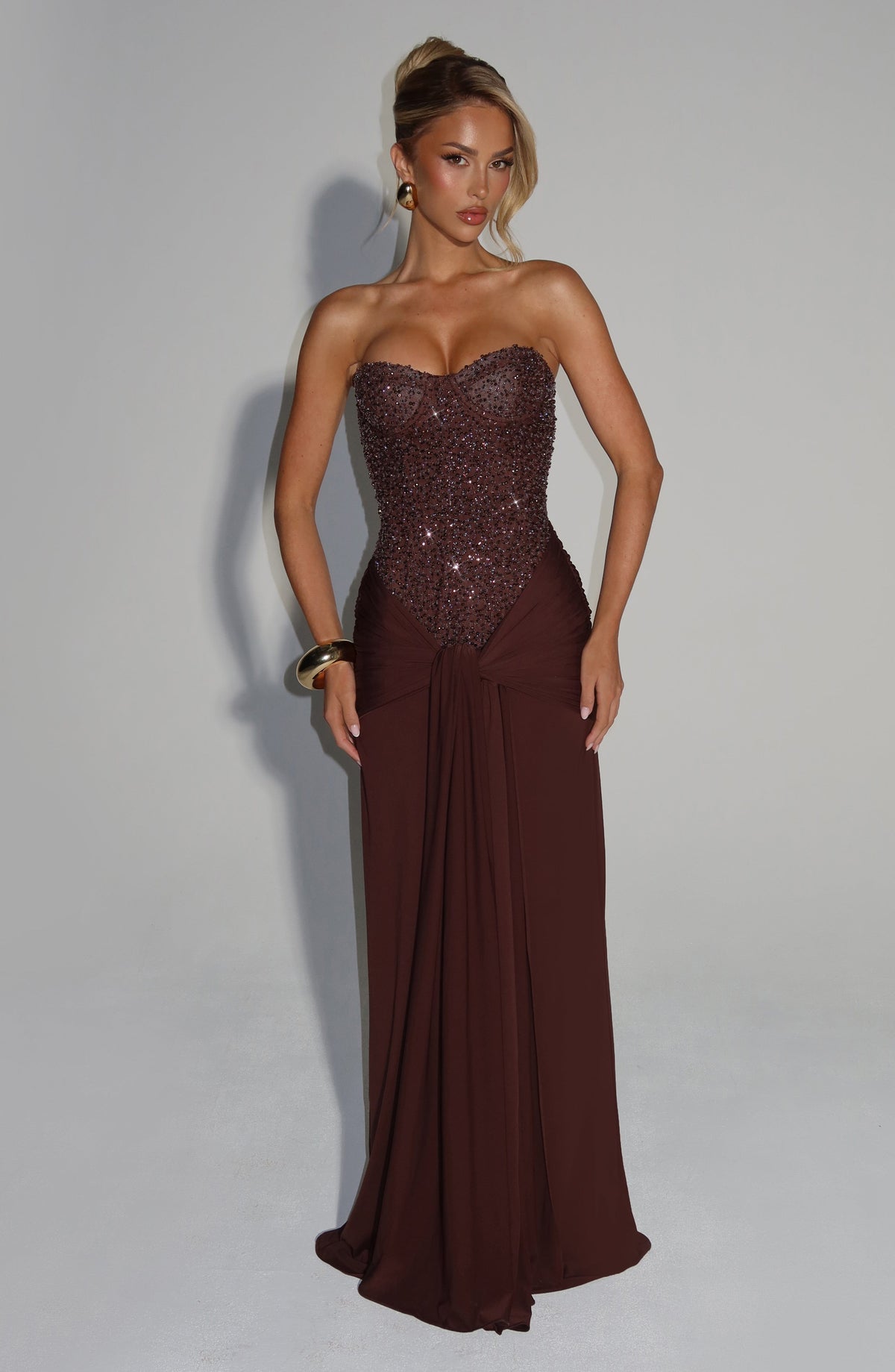 R.F Women's Dress Corset Maxi Plum Brown Embellished Formal