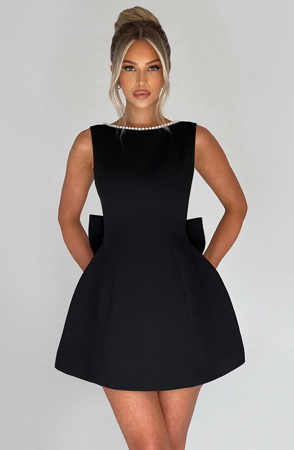 R.F Women's Dress Carrie Mini Bubble Hem Black Pearl Trim Party