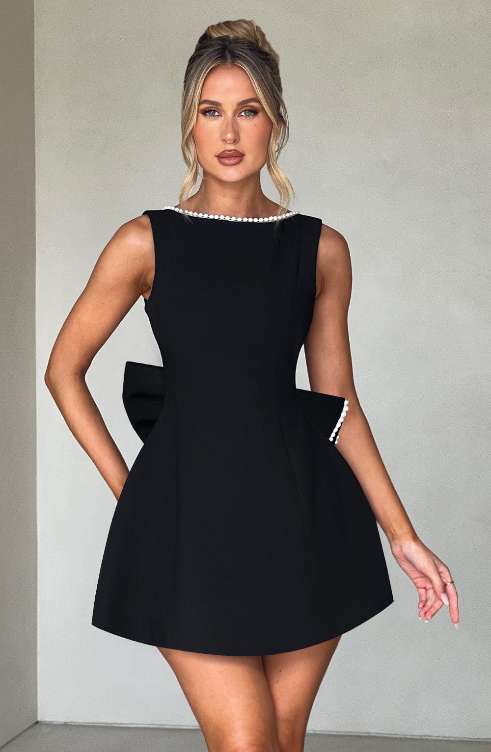 R.F Women's Dress Carrie Mini Bubble Hem Black Pearl Trim Party