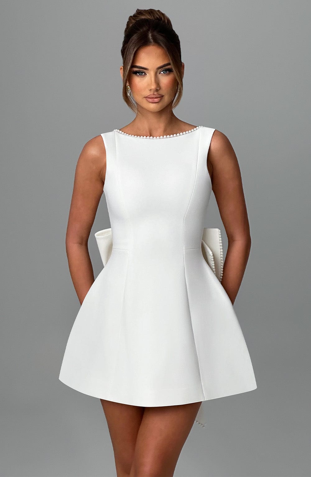 R.F Women's Dress Carrie Mini Bubble Hem Ivory Crepe Pearl Bow Party