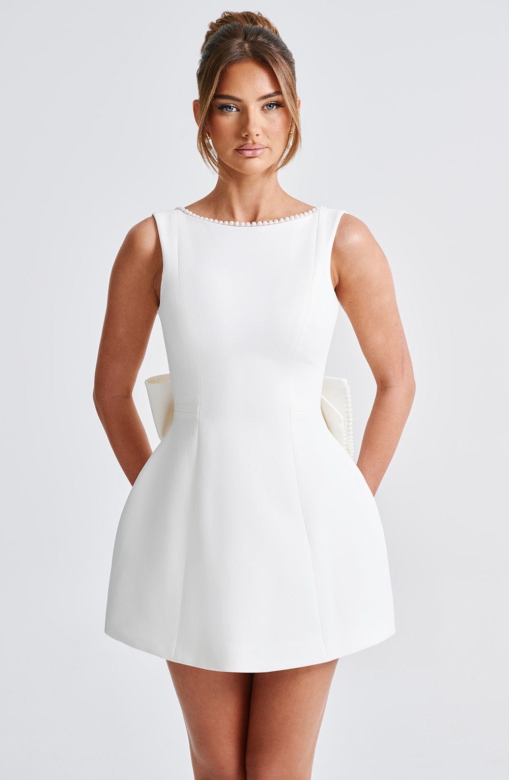 R.F Women's Dress Carrie Mini Bubble Hem Ivory Crepe Pearl Bow Party
