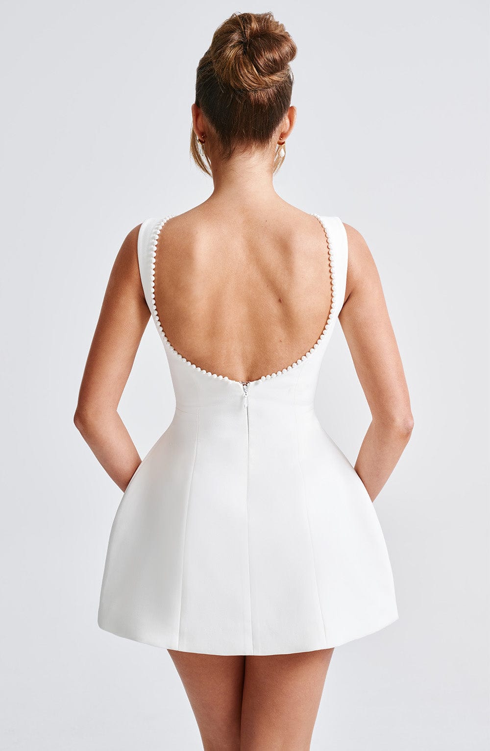 R.F Women's Dress Carrie Mini Bubble Hem Ivory Crepe Pearl Bow Party