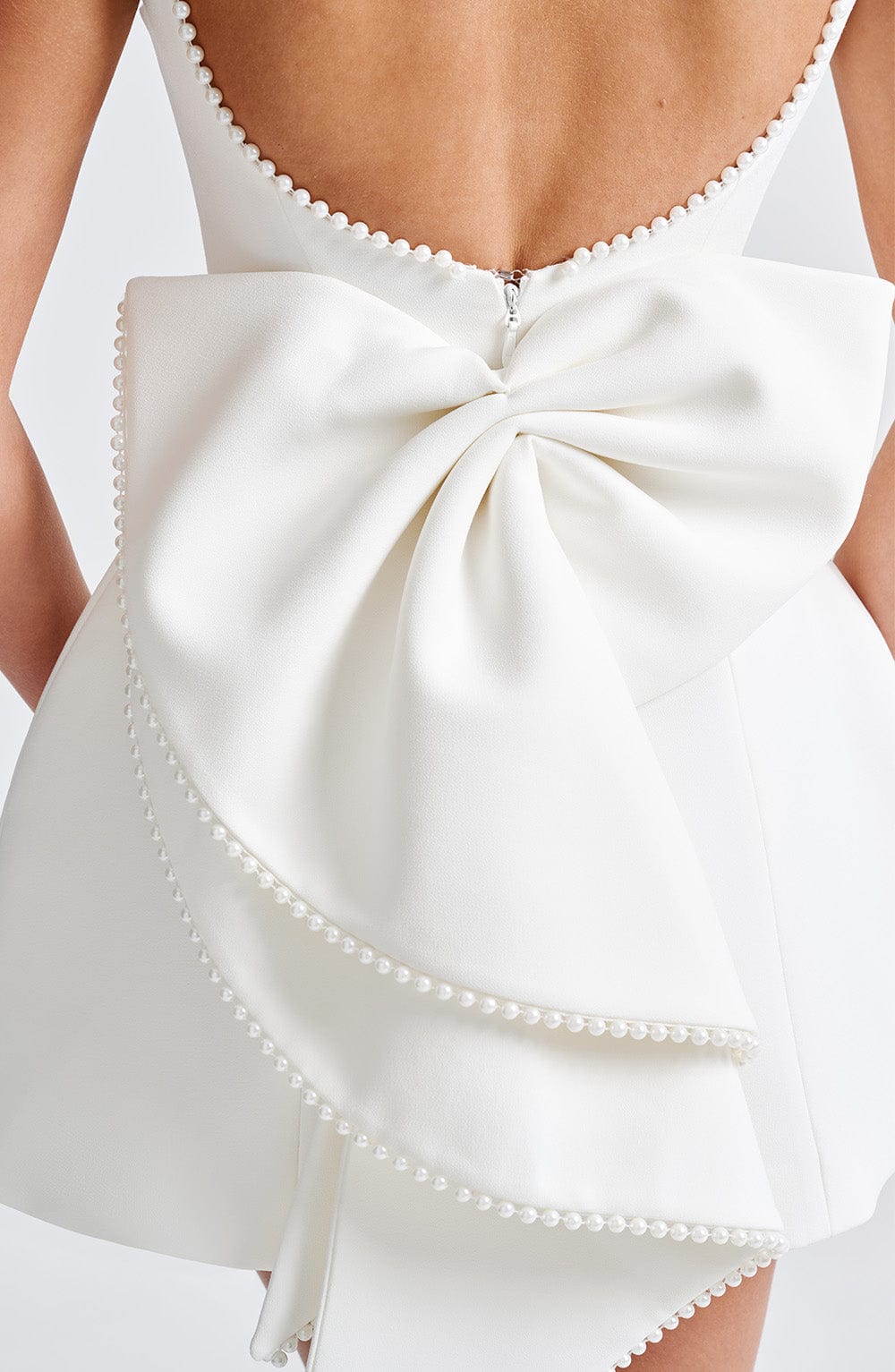R.F Women's Dress Carrie Mini Bubble Hem Ivory Crepe Pearl Bow Party