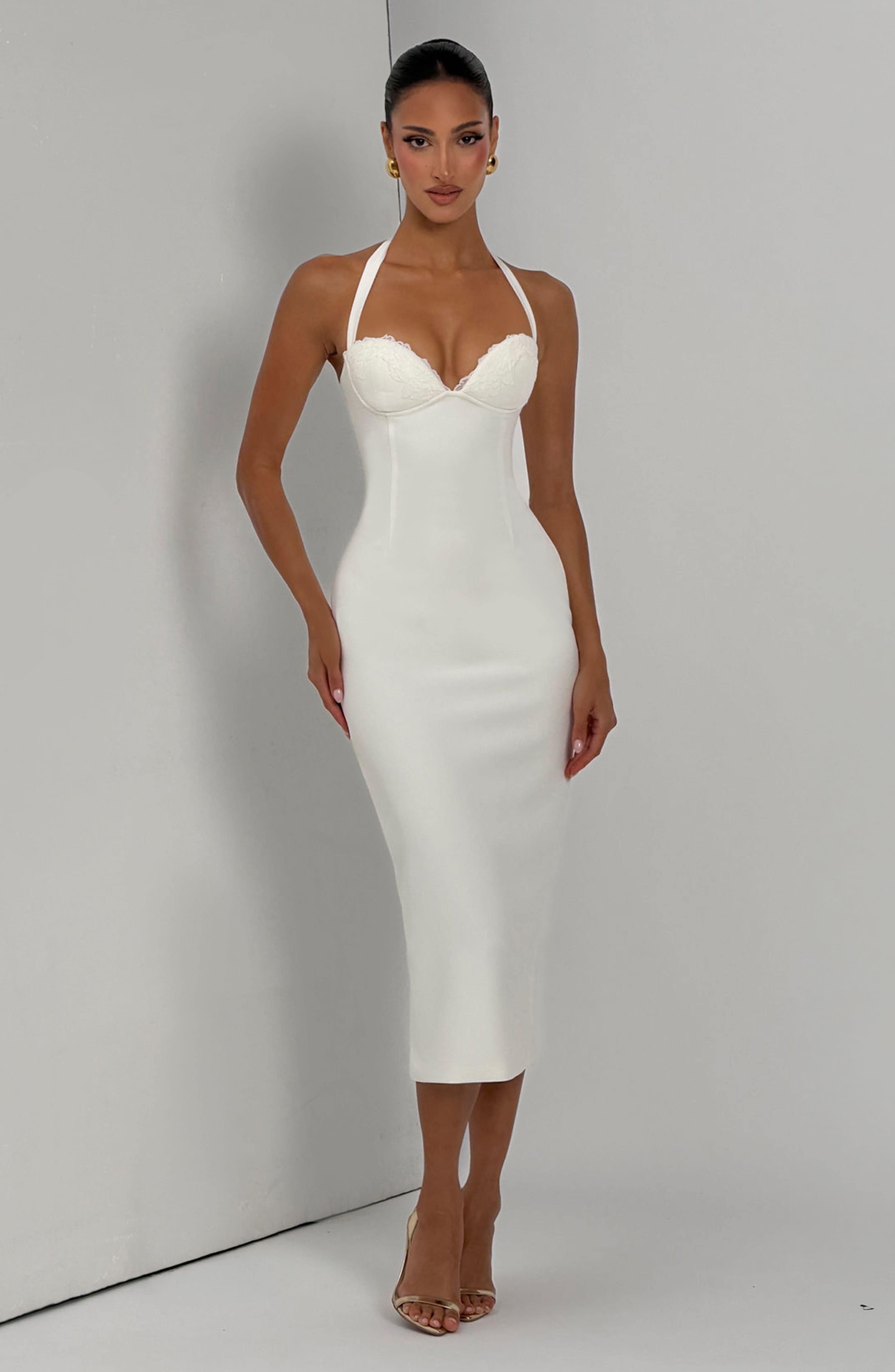 T.X Women's Dress Cassia Midi Halter Ivory Crepe Bridal Evening