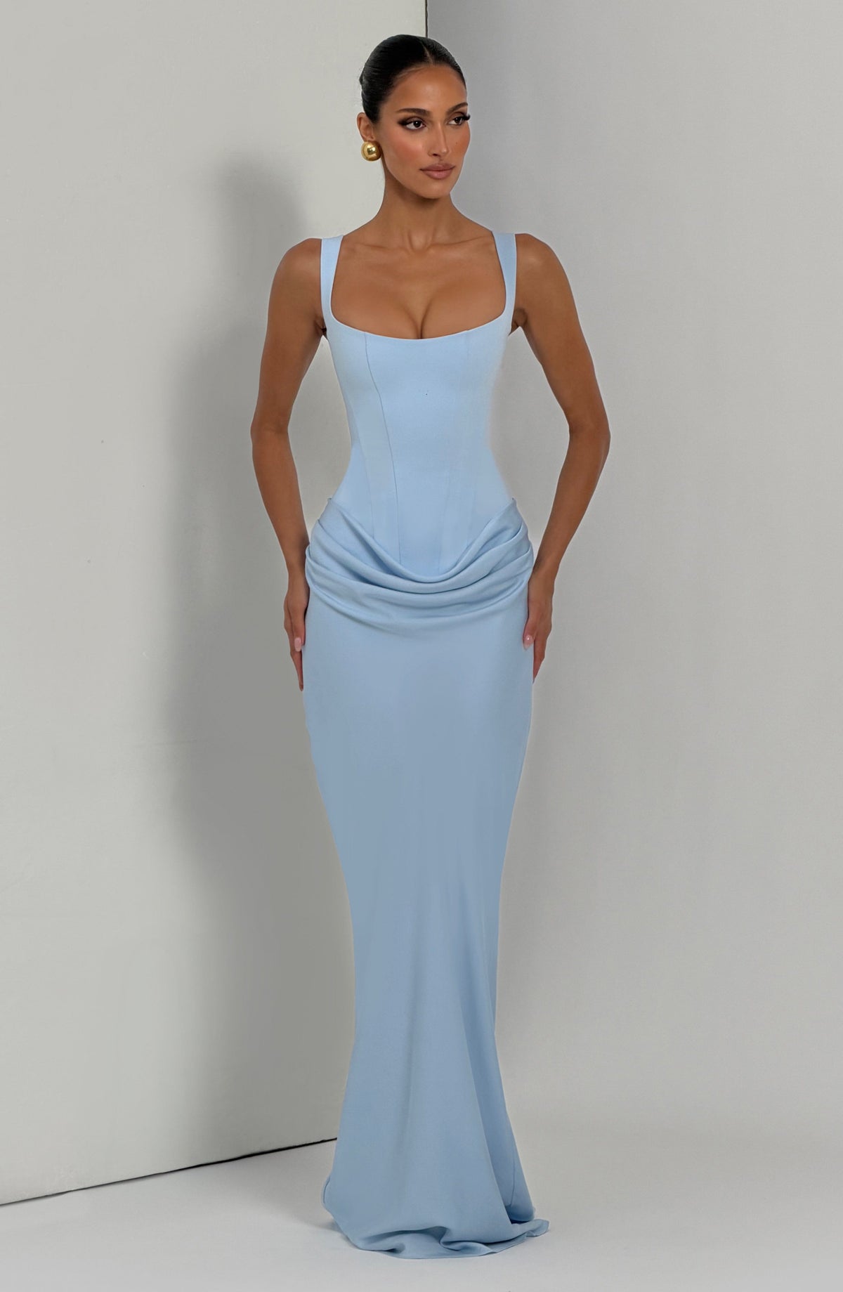 R.F Women's Dress Maxi Baby Blue Crepe Satin Formal