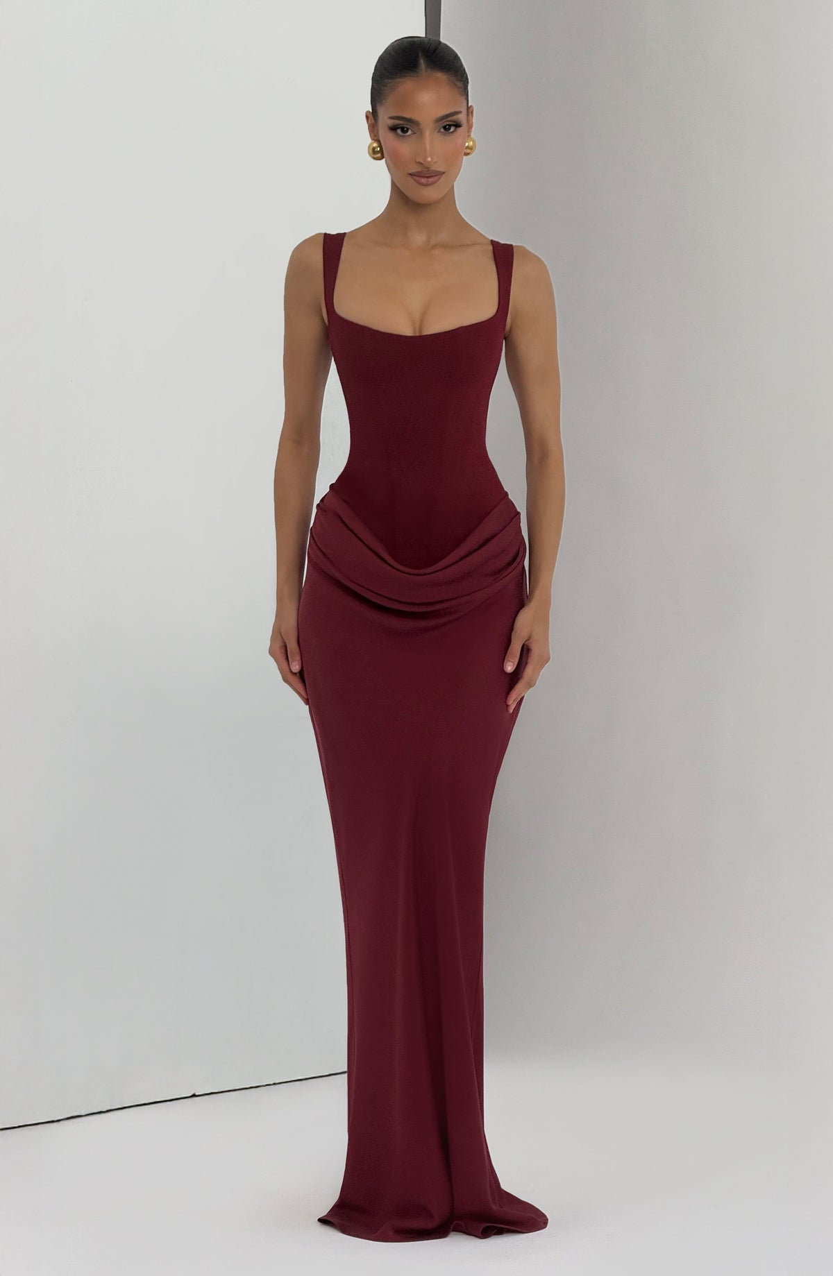 R.F Women's Dress Square-Neck Burgundy Crepe Formal