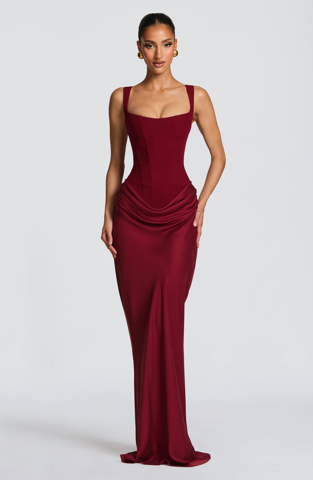 R.F Women's Dress Square-Neck Burgundy Crepe Formal
