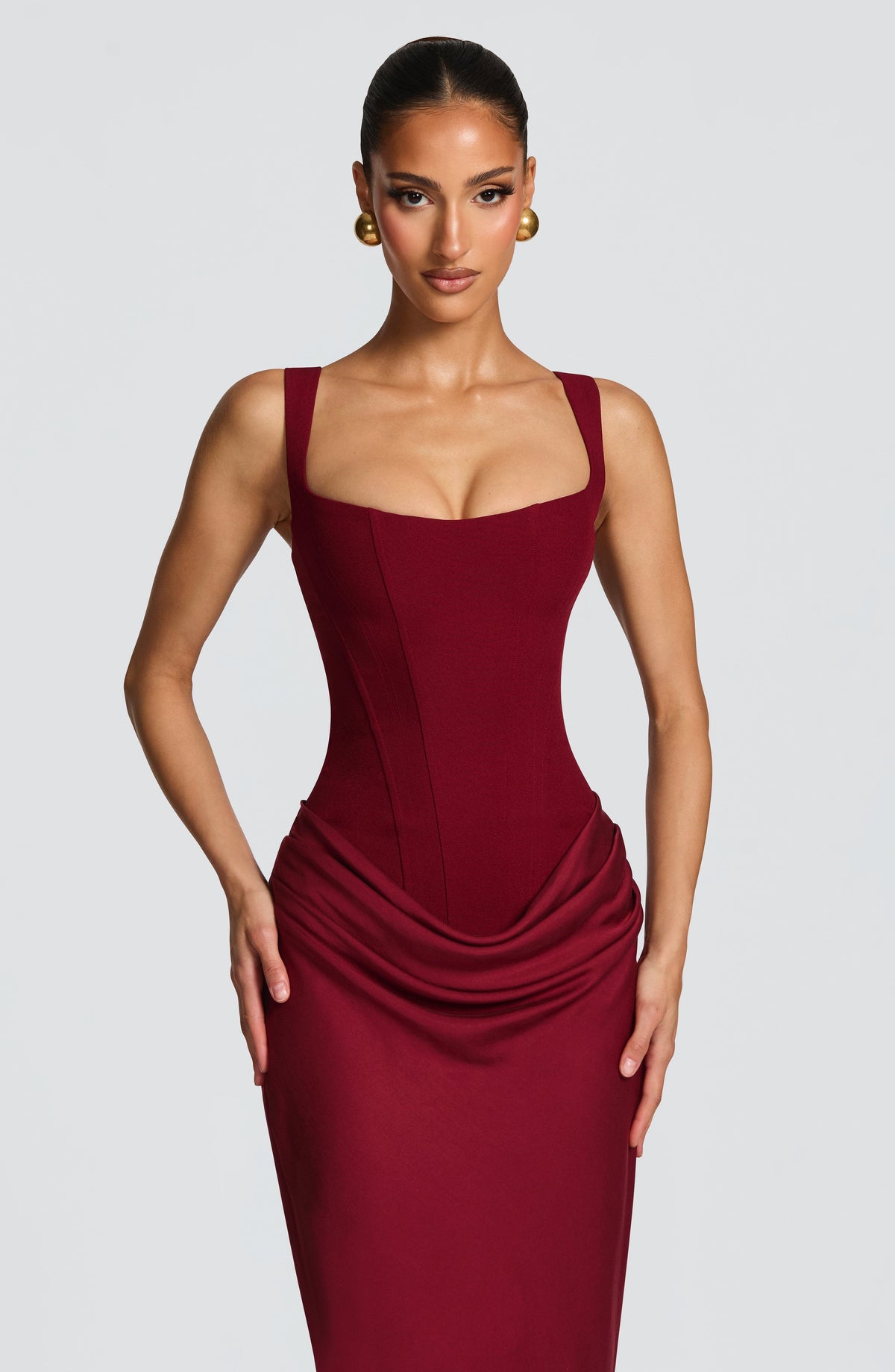 R.F Women's Dress Square-Neck Burgundy Crepe Formal