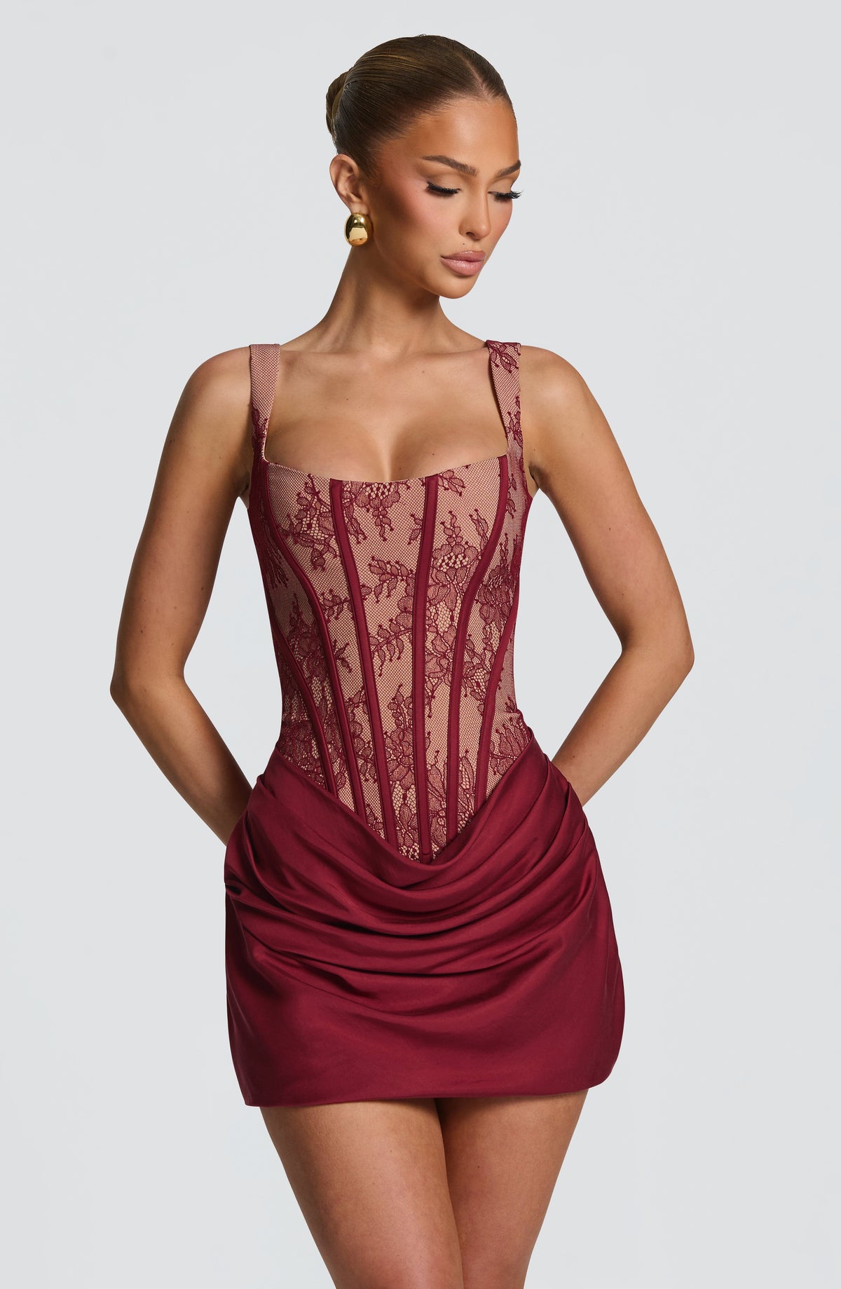 M.T Women's Dress Square Neck Burgundy Lace Boned Party