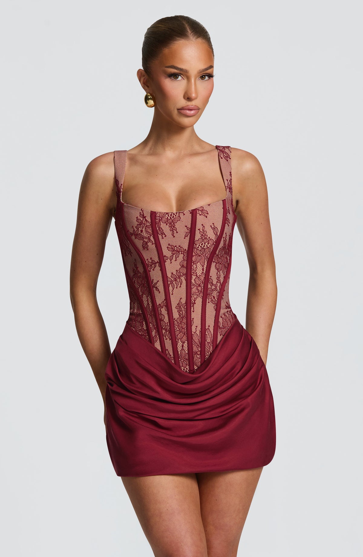 M.T Women's Dress Square Neck Burgundy Lace Boned Party