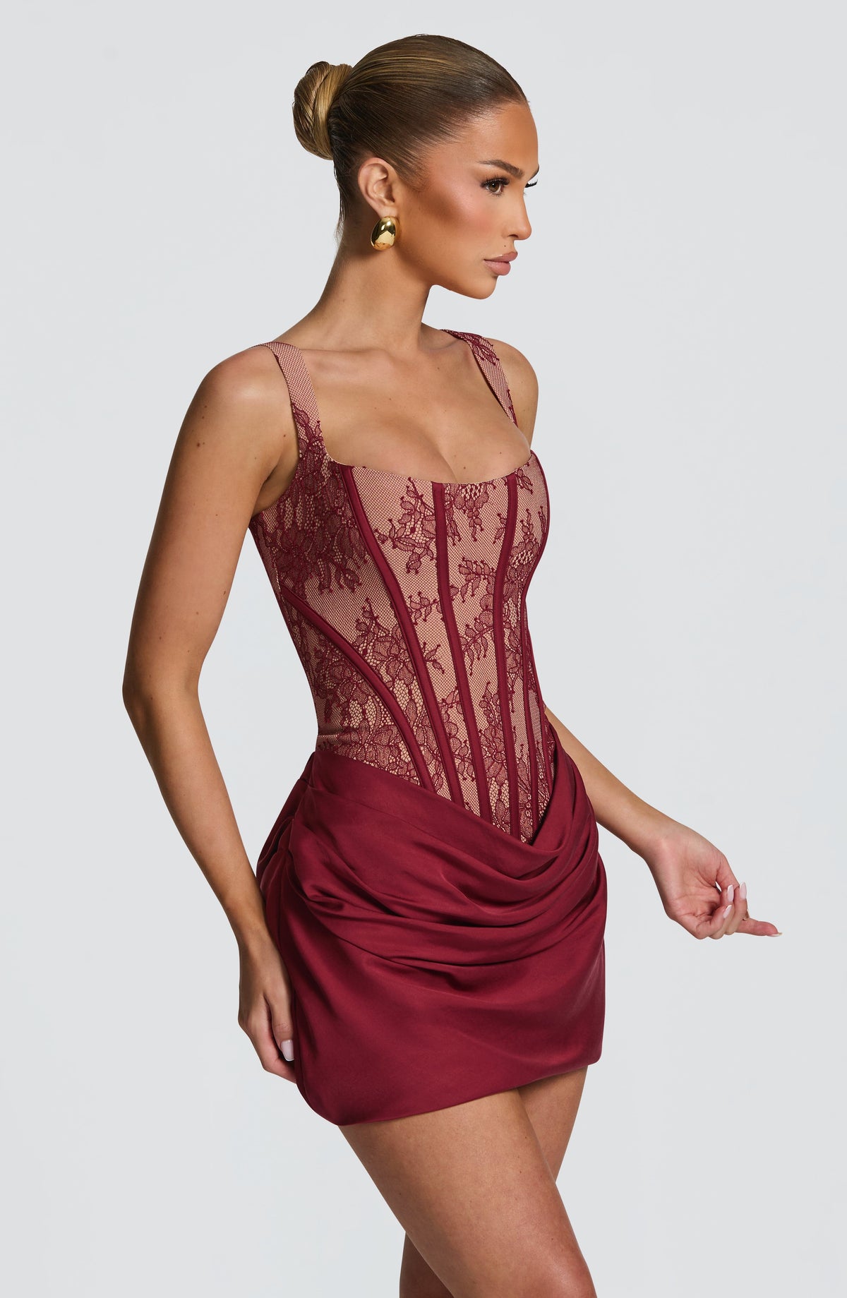 M.T Women's Dress Square Neck Burgundy Lace Boned Party