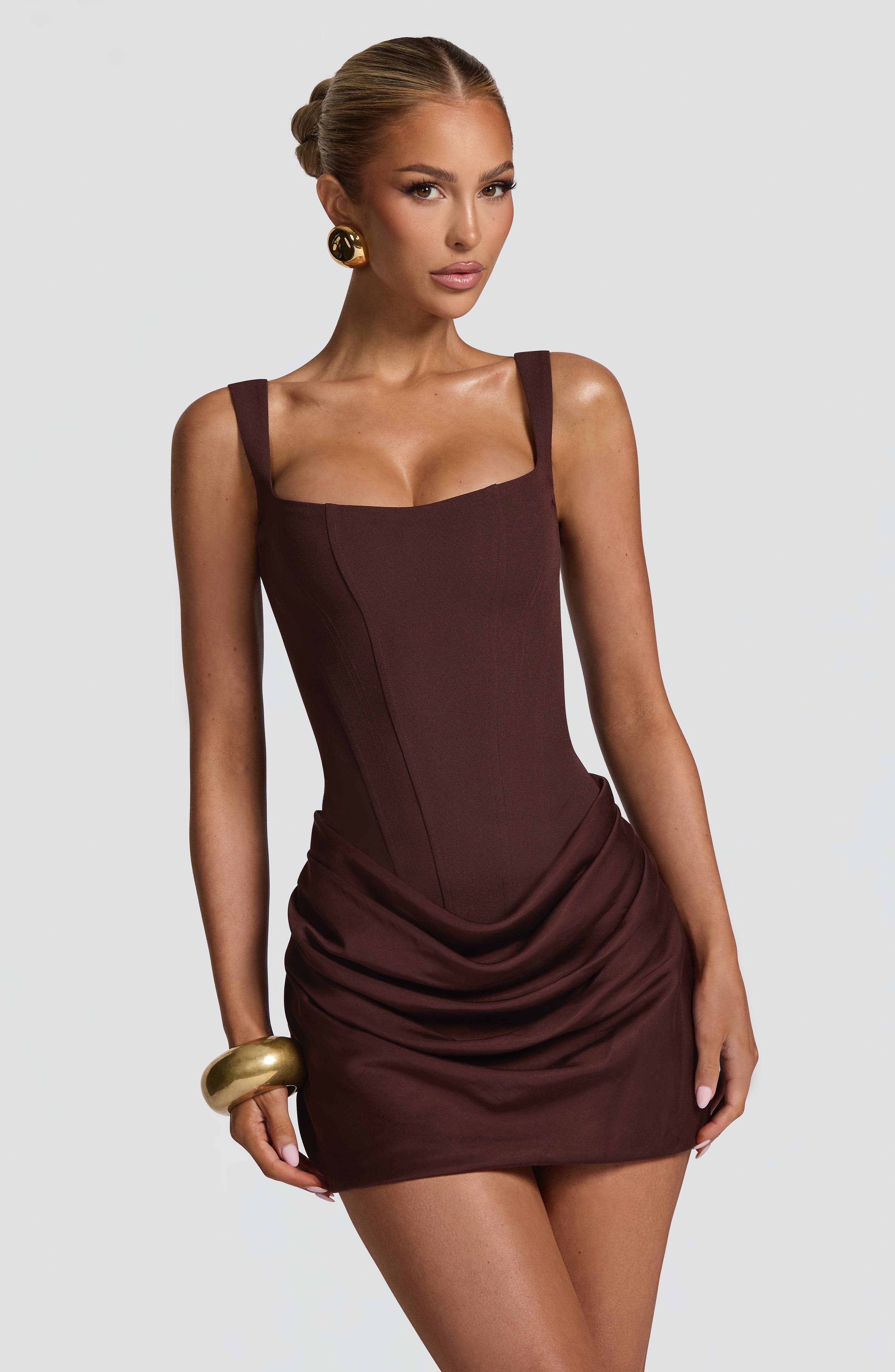 R.F Women's Dress Cornelia Mini Plum Brown Crepe Evening Cocktail