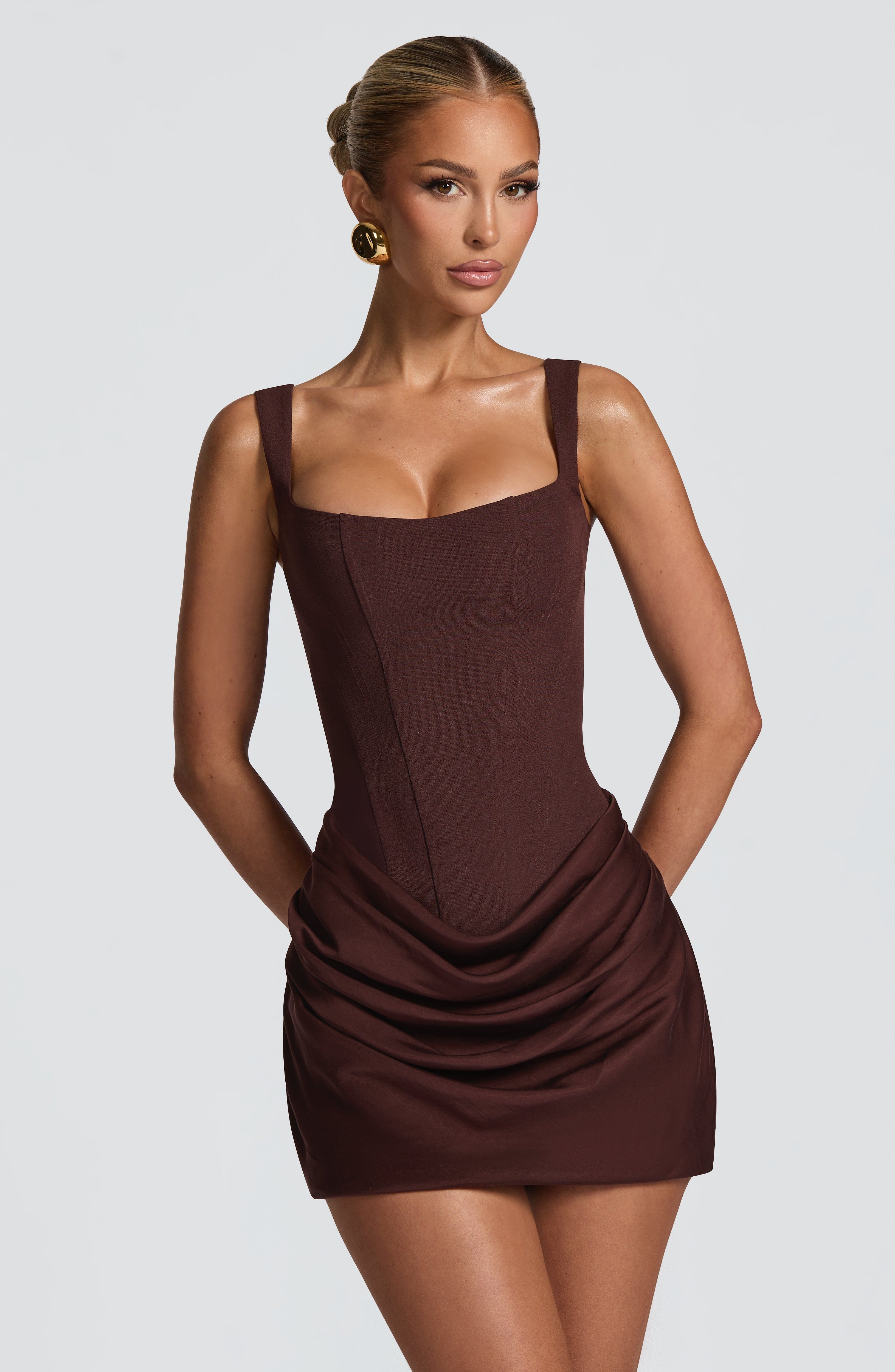 R.F Women's Dress Cornelia Mini Plum Brown Crepe Evening Cocktail