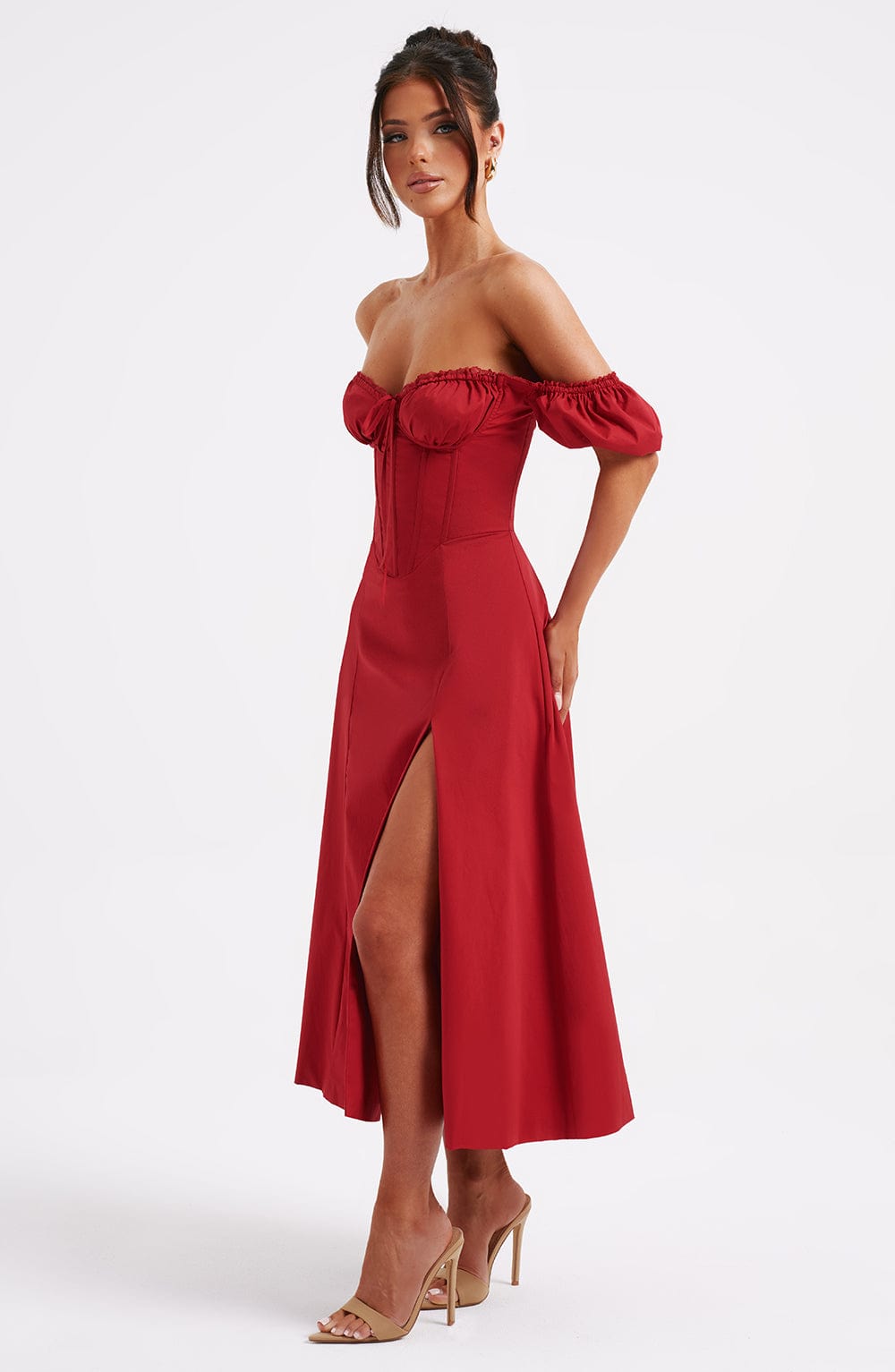 R.F Women's Dress Milkmaid Midi Red Cotton Party