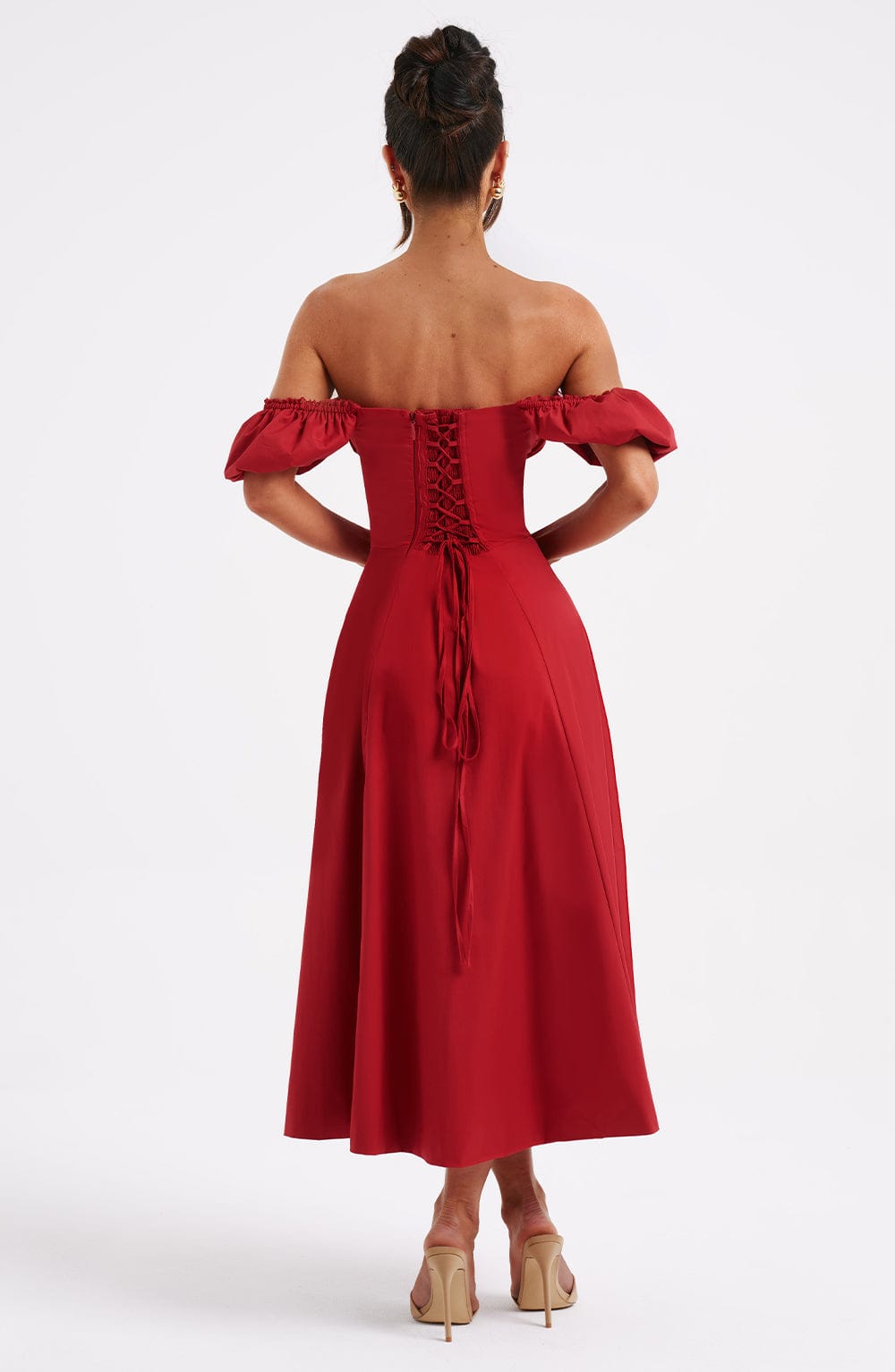 R.F Women's Dress Milkmaid Midi Red Cotton Party