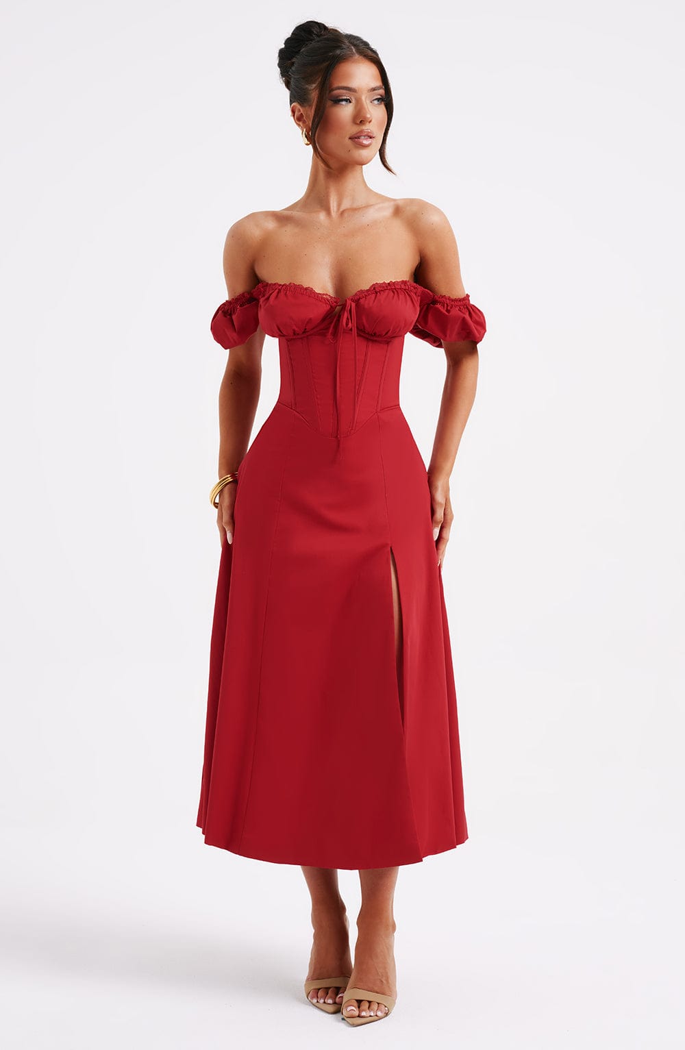 R.F Women's Dress Milkmaid Midi Red Cotton Party