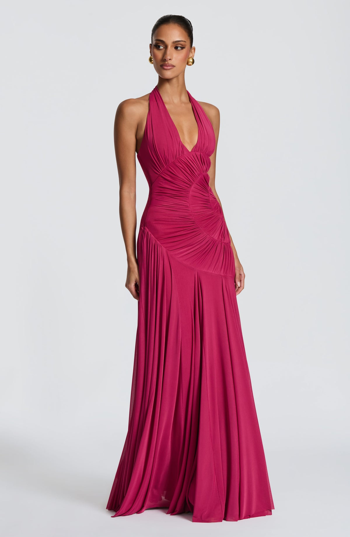 R.F Women's Dress Plunge Neckline Maxi Raspberry Mesh Evening