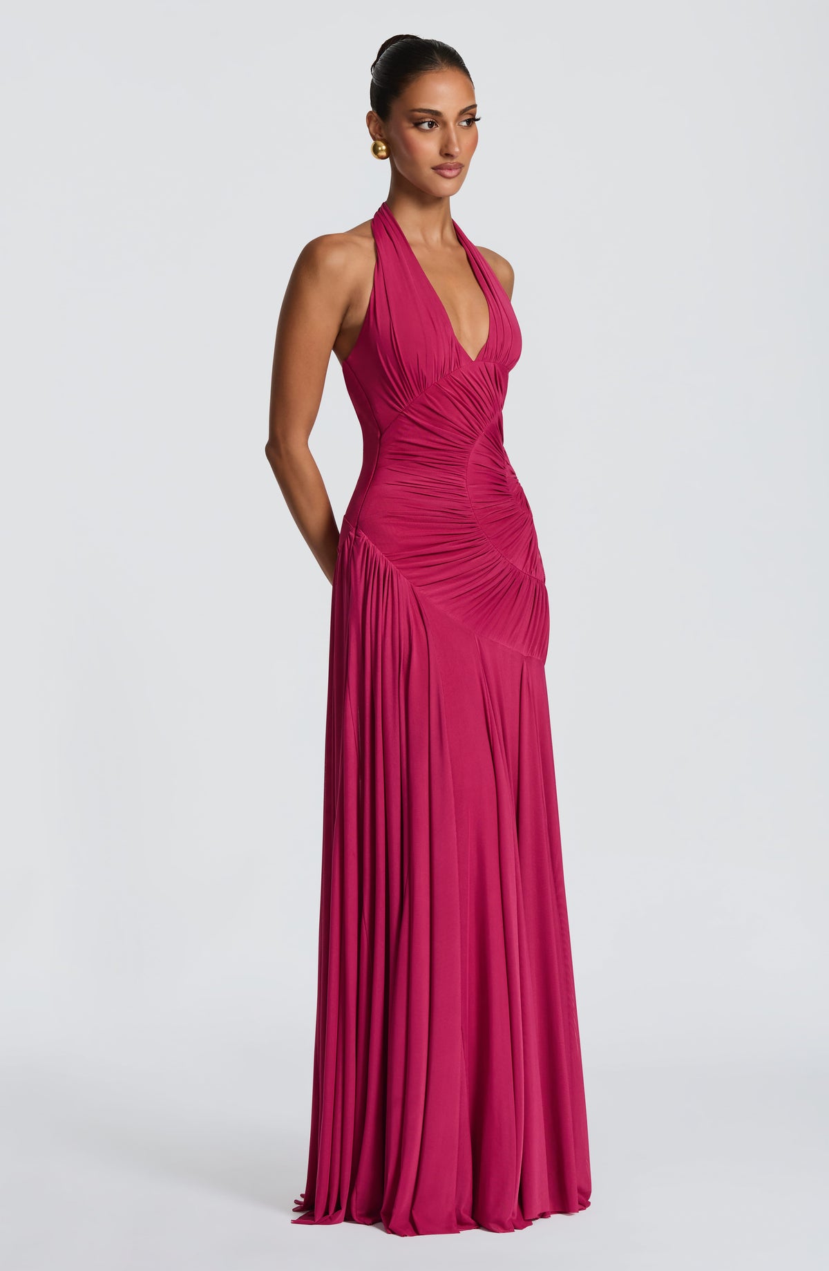R.F Women's Dress Plunge Neckline Maxi Raspberry Mesh Evening