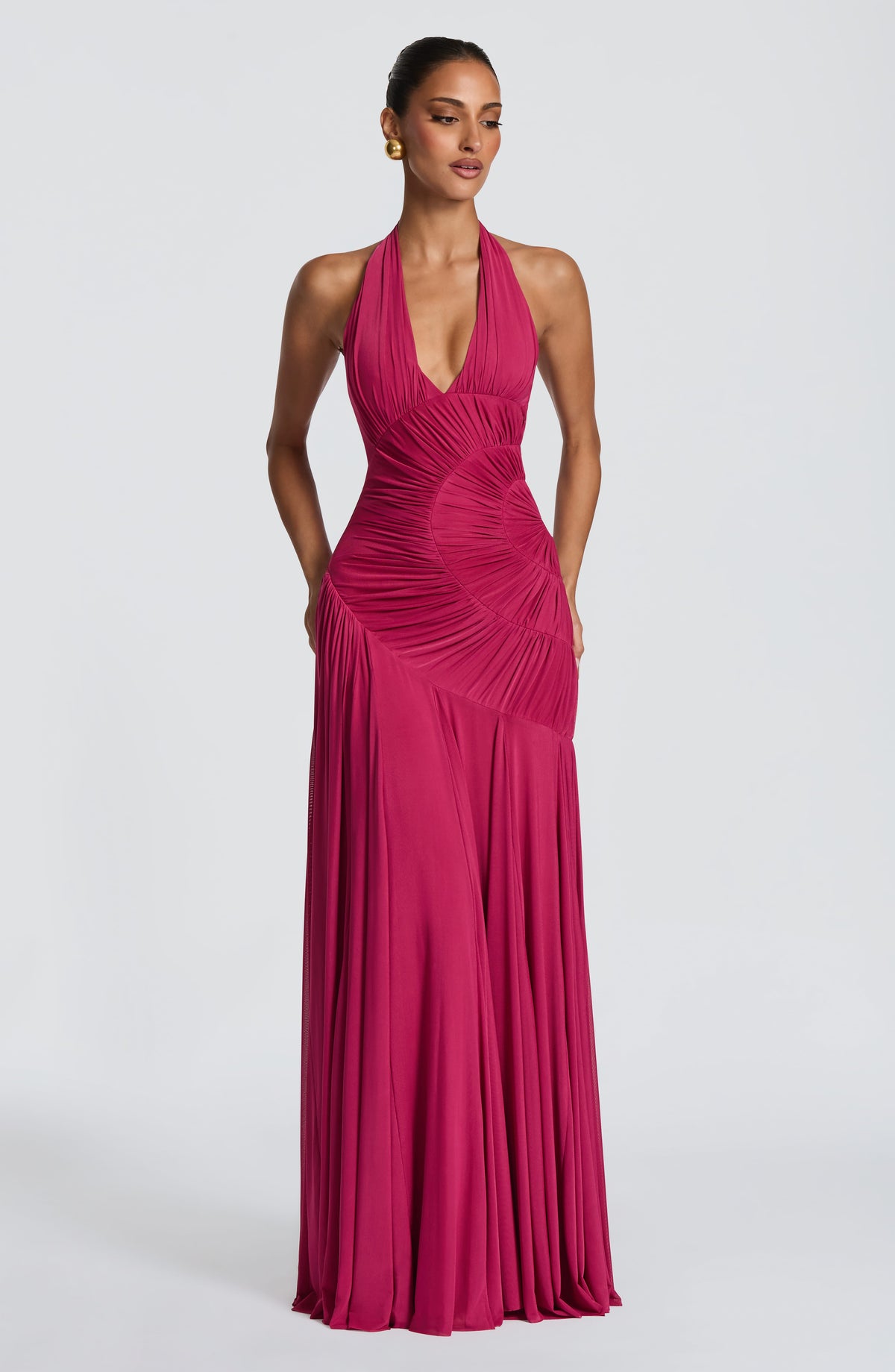 R.F Women's Dress Plunge Neckline Maxi Raspberry Mesh Evening