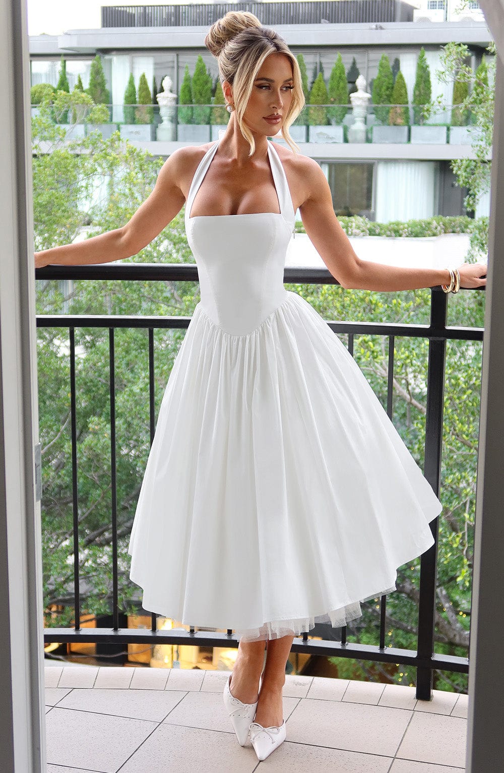 Cressida Women's Dress Midi Square Neck Ivory Cotton Formal