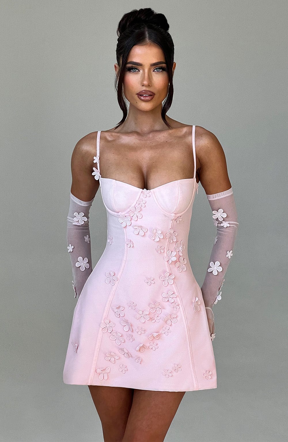 L.F Women's Dress Dalary Mini Strapless Blush 3D Flower Mesh Party