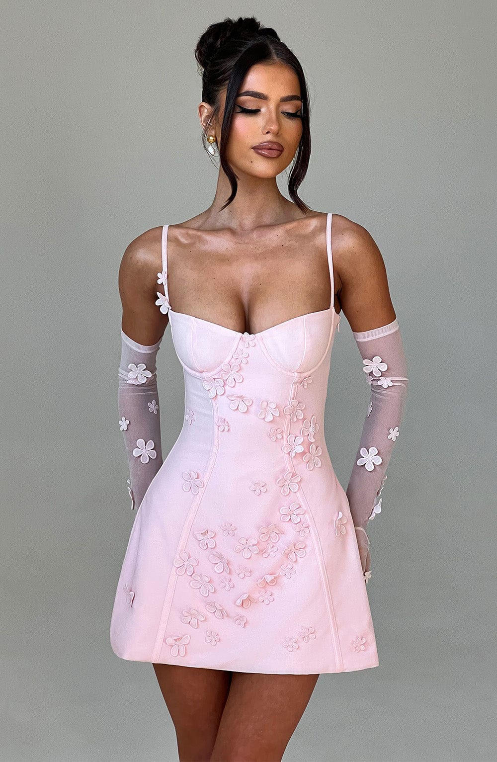L.F Women's Dress Dalary Mini Strapless Blush 3D Flower Mesh Party