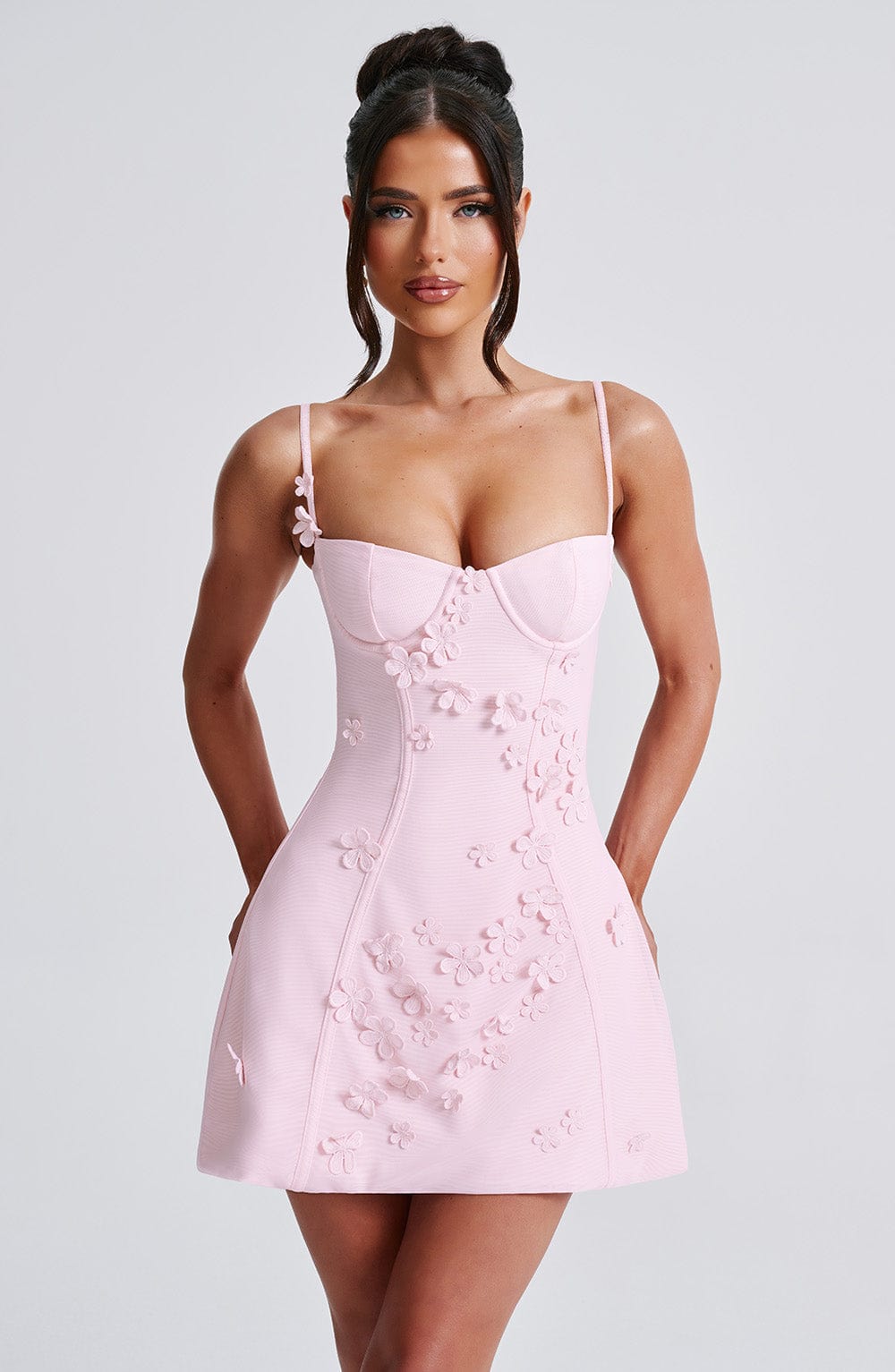 L.F Women's Dress Dalary Mini Strapless Blush 3D Flower Mesh Party
