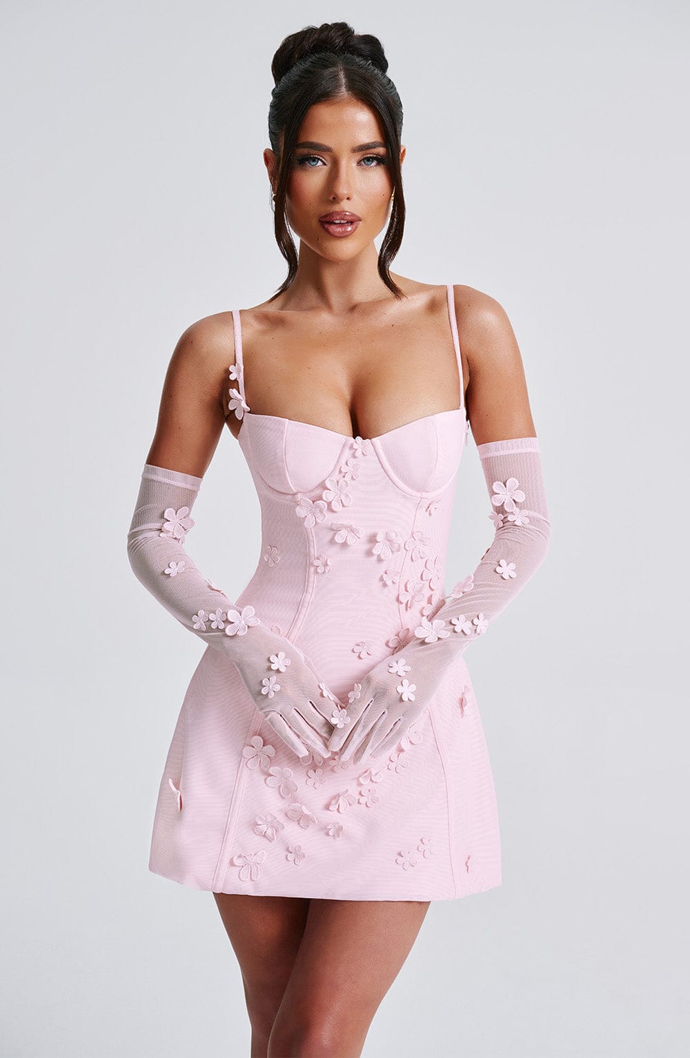 L.F Women's Dress Dalary Mini Strapless Blush 3D Flower Mesh Party